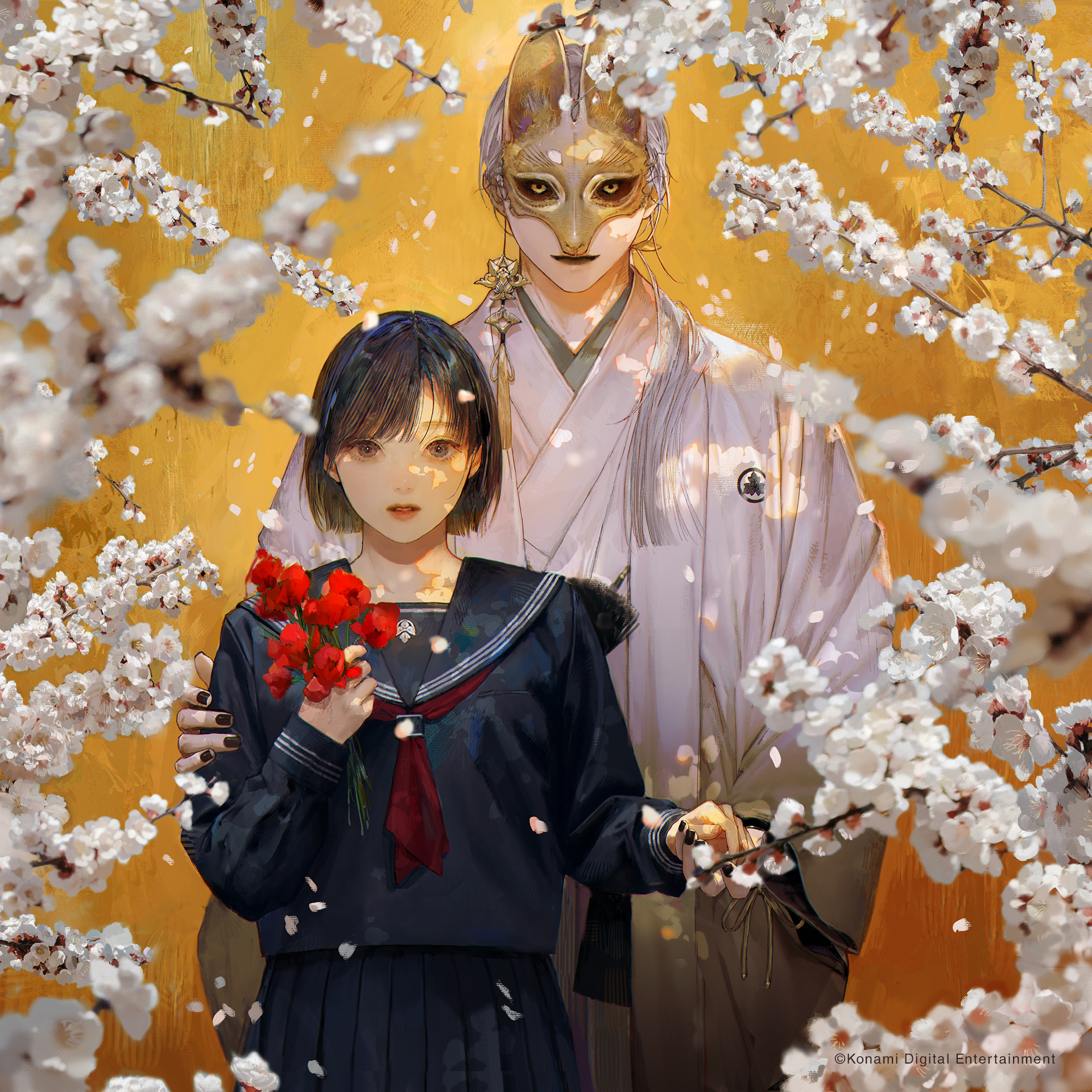 kera (ggg33), fox mask (silent hill), shimizu hinako, silent hill (series), silent hill f, commentary request, highres, official art, second-party source, 1boy, 1girl, black hair, black lips, black nails, blue serafuku, brown eyes, cherry, copyright notice, flower, food, fox mask, fruit, holding, holding flower, holding hands, long hair, looking at viewer, mask, neckerchief, parted lips, red lips, red neckerchief, school uniform, serafuku, short hair, smile, white hair