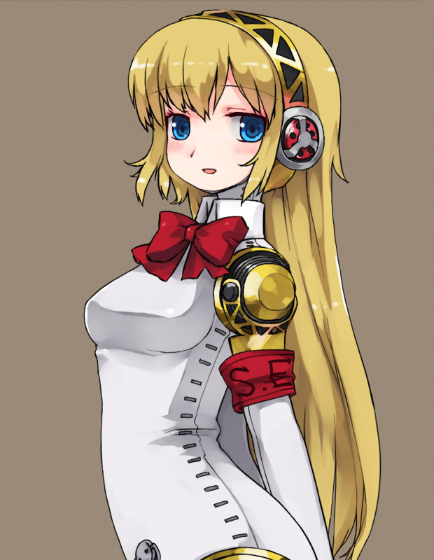 ktsecond, aigis (persona), atlus, persona, persona 3, 1girl, alternate hairstyle, android, armband, blonde hair, blue eyes, blush, female focus, long hair, ribbon, solo