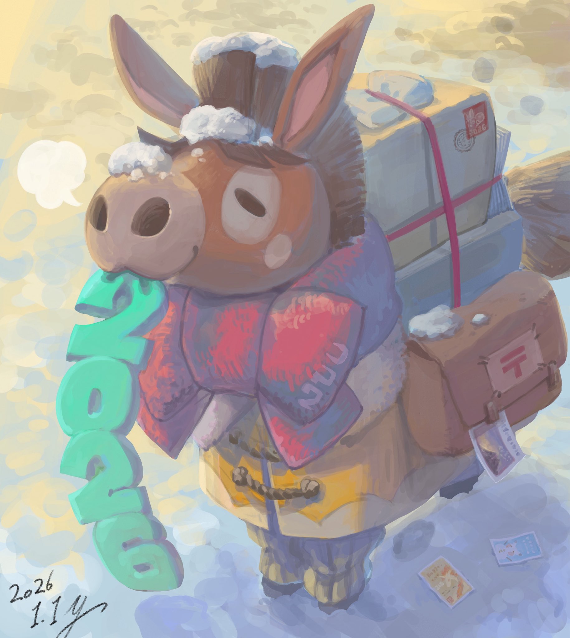 yu ikedon, mudbray, nintendo, pokemon, commentary request, highres, bow, brown bag, clothed pokemon, dated, day, gen 7 pokemon, mouth hold, no humans, outdoors, photo (object), pokemon (creature), pokemon focus, puff of air, scarf, scarf bow, snow, solo, standing
