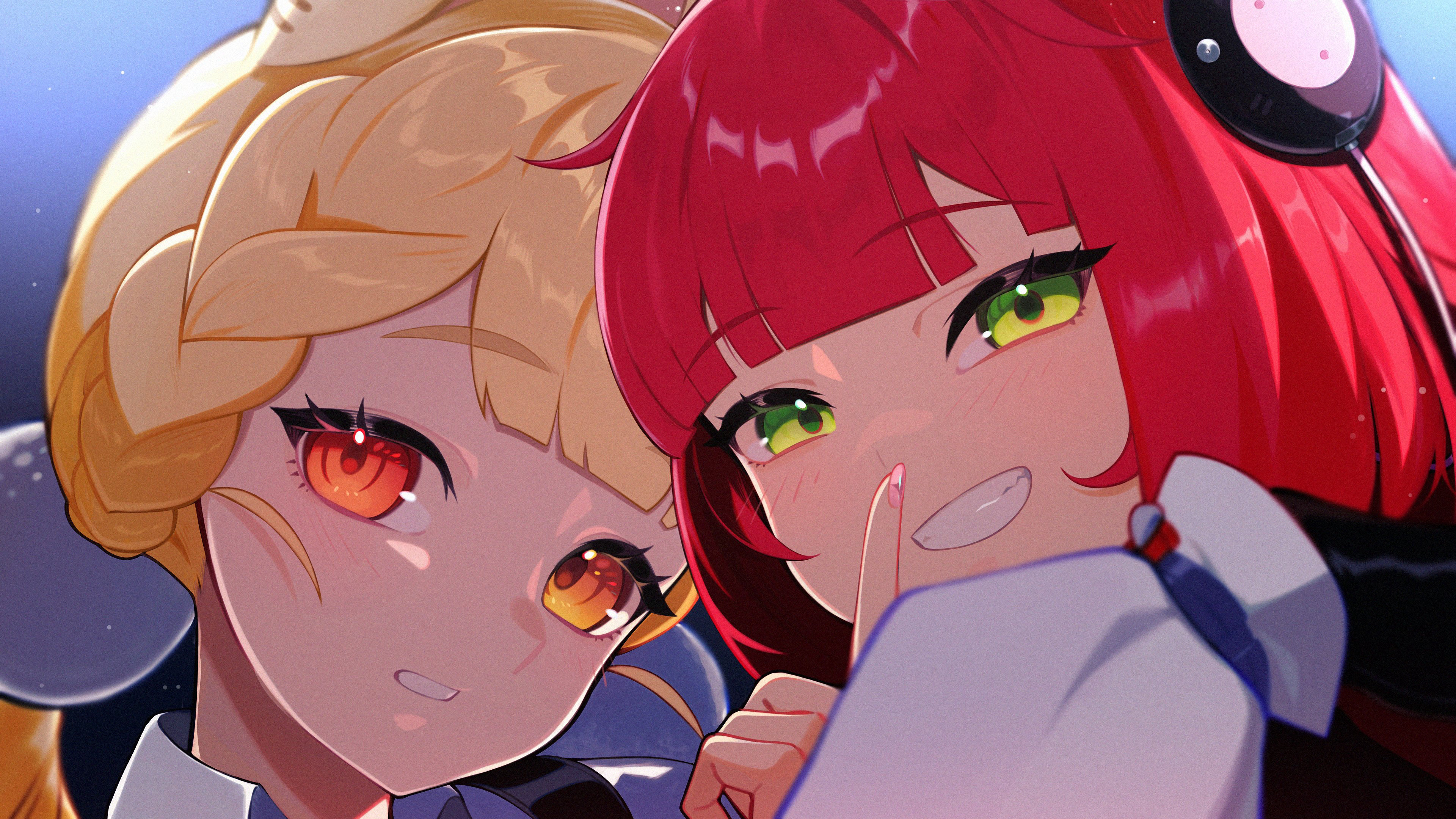 u tei, alice thymefield, ukinami yuzuha, zenless zone zero, absurdres, commentary request, highres, 2girls, blonde hair, blush, braid, eyelashes, finger to mouth, green eyes, grin, looking at viewer, multiple girls, orange eyes, red hair, short hair, shushing, smile