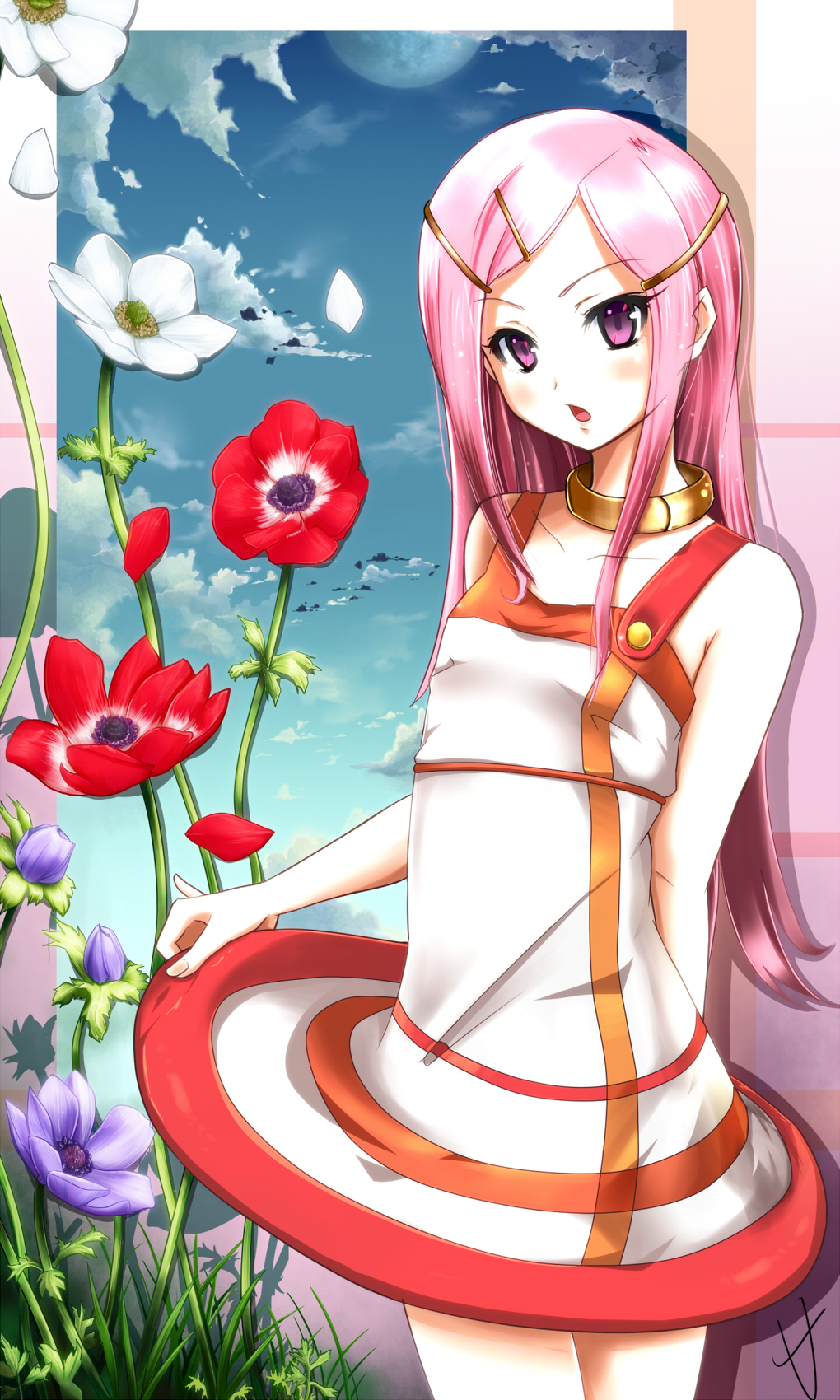 u-1 (suzumiyaharuhi saikou), anemone (eureka seven), eureka seven, eureka seven (series), highres, 00s, 1girl, anemone (flower), blush, dress, female focus, flower, hair ornament, hairclip, moon, name connection, object namesake, petals, pink eyes, pink hair, skirt hold, solo