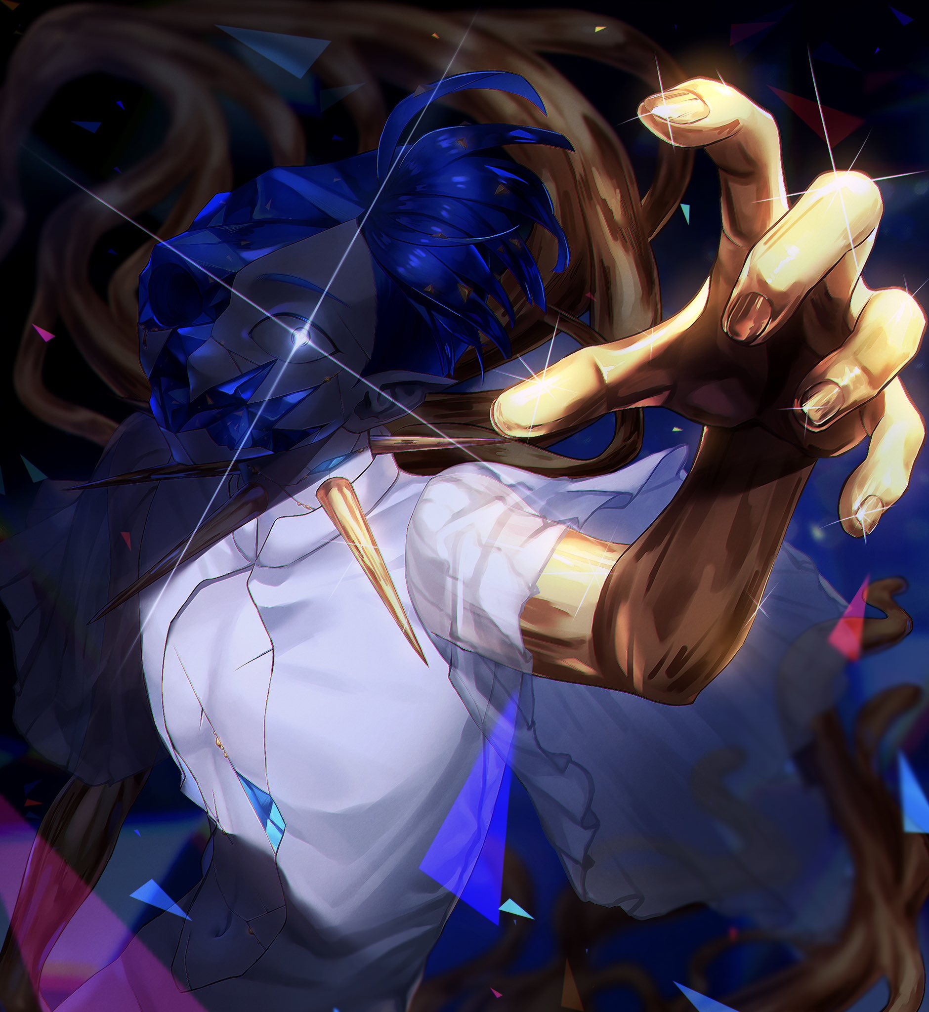 ghg780850545501, phosphophyllite (ll), houseki no kuni, commentary request, highres, spoilers, 1other, blue hair, cracked skin, glint, gold, golden arms, moon uniform (houseki no kuni), one-eyed, reaching, reaching towards viewer, see-through clothes, see-through sleeves, shade, shaded face, shirt, short hair, solo, white shirt