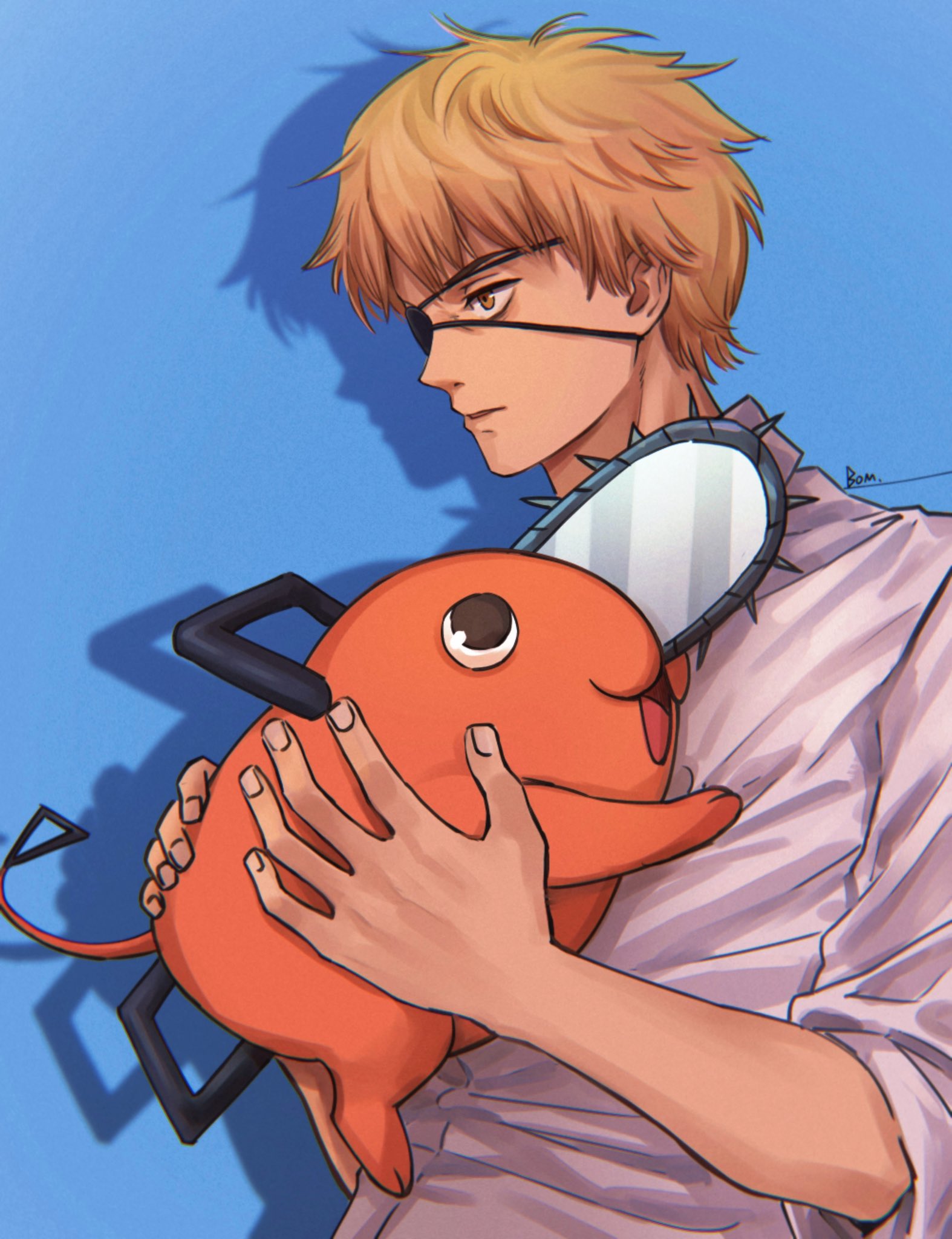 bom61487782, denji (chainsaw man), pochita (chainsaw man), chainsaw man, highres, 1boy, blonde hair, blue background, brown eyes, drop shadow, eyepatch, holding, large hands, male focus, messy hair, parted lips, shirt, short hair, signature, upper body, white shirt