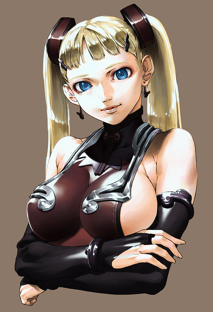 chyko, original, bad id, bad pixiv id, 1girl, blonde hair, blue eyes, breasts, bridal gauntlets, earrings, elbow gloves, female focus, gloves, hair ornament, hairclip, jewelry, large breasts, long hair, sideboob, smile, solo, twintails