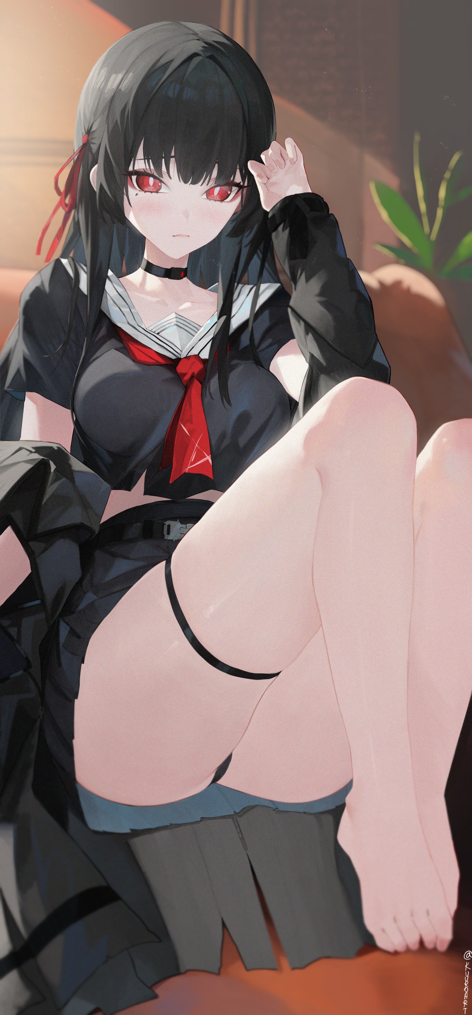 kuuro (kuuroart), chisa (wuthering waves), wuthering waves, absurdres, commentary, hashtag-only commentary, highres, 1girl, barefoot, black choker, black hair, black jacket, black shirt, black skirt, blush, breasts, bright pupils, choker, closed mouth, collarbone, feet, hair ribbon, hand up, indoors, jacket, long hair, looking at viewer, medium breasts, mole, mole under eye, neckerchief, off shoulder, red eyes, red neckerchief, red ribbon, ribbon, sailor collar, shirt, skirt, solo, thigh strap, thighs, toes, white pupils, white sailor collar