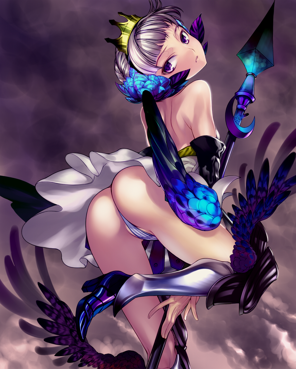 tomiyama akiji, gwendolyn (odin sphere), odin sphere, silver hair, 1girl, armor, armored dress, ass, crown, dress, female focus, greaves, looking back, multicolored wings, panties, pantyshot, partially visible vulva, polearm, purple eyes, short hair, skirt, solo, spear, strapless, strapless dress, thighhighs, underwear, upskirt, weapon, wings