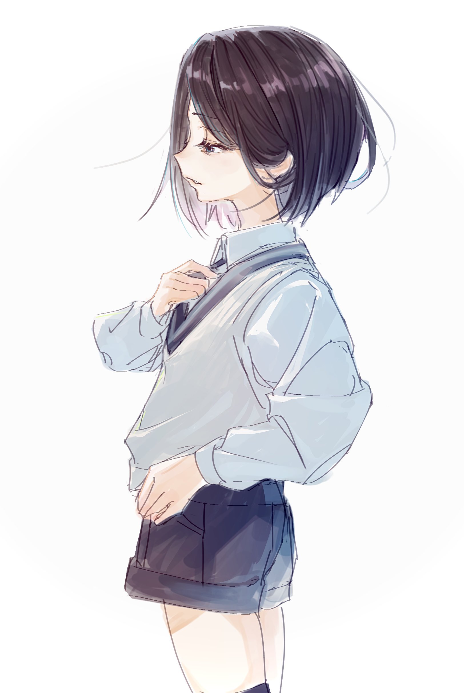 okubatomaeba, original, absurdres, commentary request, highres, 1girl, black hair, black shorts, blue eyes, cowboy shot, from side, grey sweater, hand on own chest, long sleeves, parted bangs, parted lips, profile, short hair, shorts, simple background, solo, sweater, white background