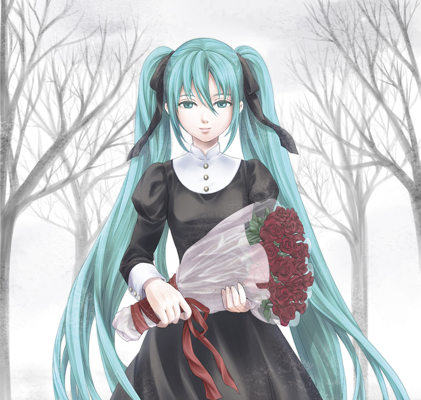 kyuu umi, hatsune miku, vocaloid, bad id, bad pixiv id, 1girl, aqua eyes, aqua hair, bare tree, bouquet, dress, female focus, flower, hair ribbon, holding, light smile, long hair, ribbon, rose, solo, tree, twintails, very long hair