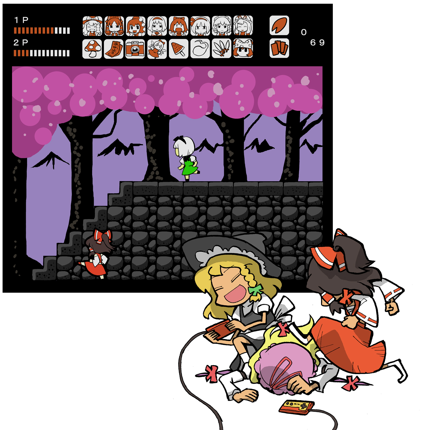 hounori, alice margatroid, cirno, hakurei reimu, izayoi sakuya, kirisame marisa, konpaku youmu, konpaku youmu (ghost), shameimaru aya, yakumo ran, yakumo yukari, konami wai wai world, touhou, bad id, bad pixiv id, highres, 3girls, blonde hair, bow, braid, brown hair, detached sleeves, dress, fake screenshot, famicom, game console, hair bow, hair tubes, hat, long hair, multiple girls, open mouth, playing games, ribbon, short hair, smile, wai wai world, witch hat