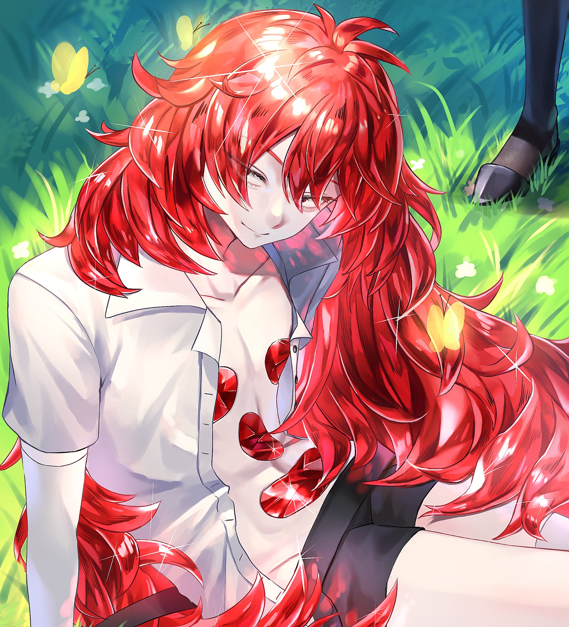 ghg780850545501, padparadscha (houseki no kuni), houseki no kuni, commentary request, highres, 1other, black shorts, gem, gem uniform (houseki no kuni), long hair, on grass, red gemstone, red hair, shirt, short shorts, short sleeves, shorts, sitting, solo, unbuttoned, unbuttoned shirt, very long hair, white shirt