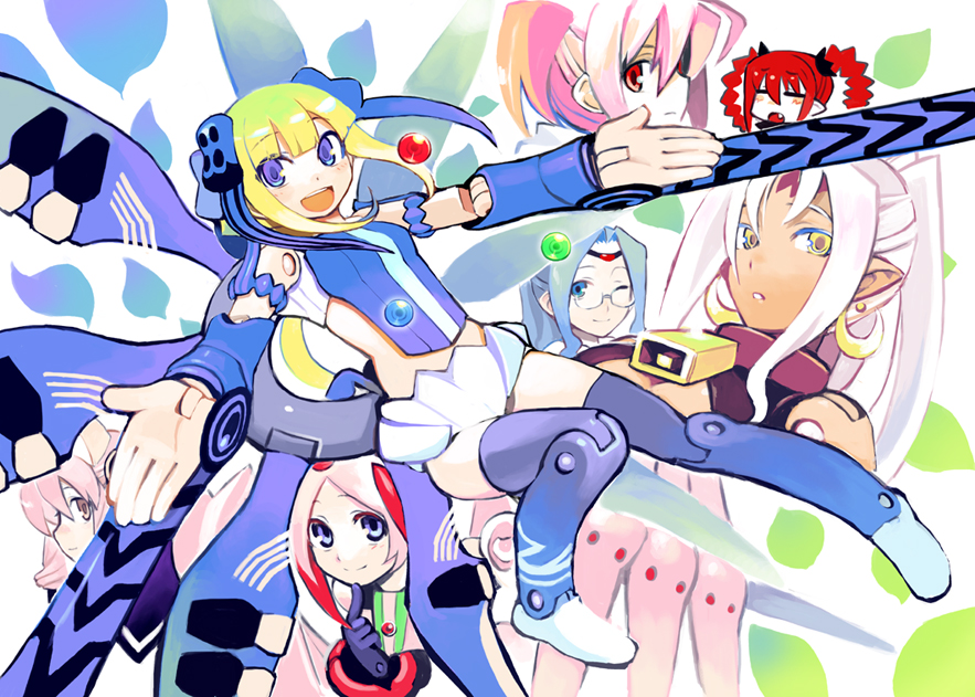 shigehiro (hiroi heya), eukrante, graffias, ianeira, juvisy, schmetterling, vespelio, zyrdarya, busou shinki, 10s, 6+girls, android, blonde hair, blush, dark-skinned female, dark skin, doll joints, earrings, glasses, happy, jewelry, joints, mecha musume, multiple girls, one eye closed, pointy ears, smile, thighhighs, wings, wink