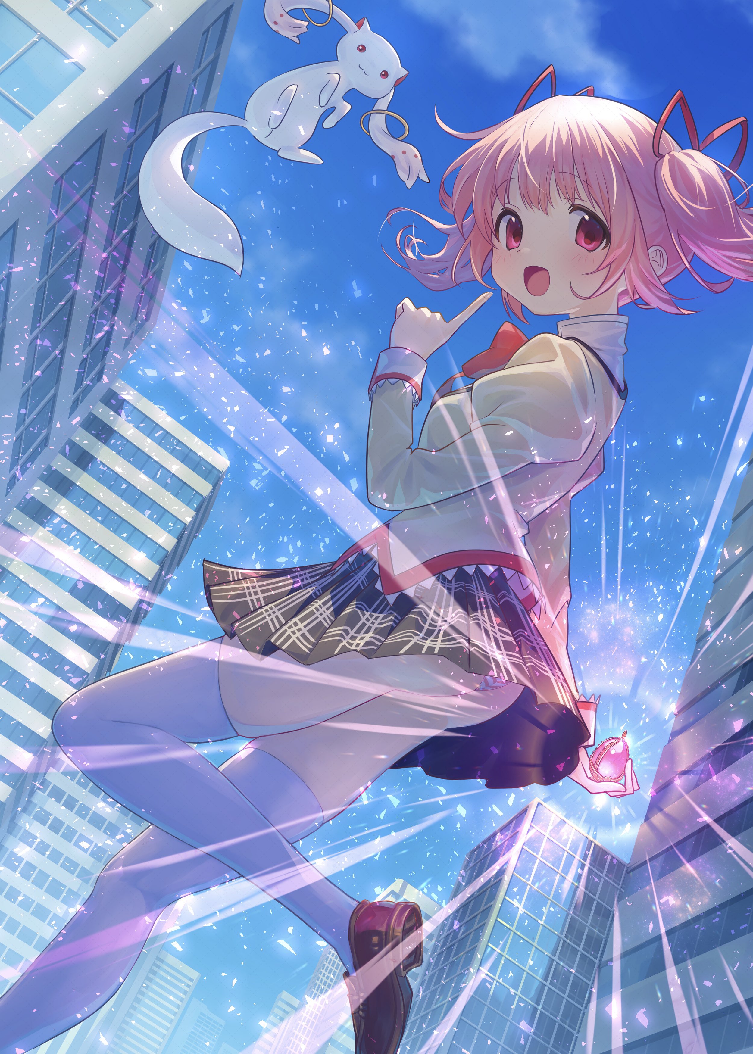 okubatomaeba, kaname madoka, kyubey, mahou shoujo madoka magica, absurdres, commentary request, highres, 1girl, :d, ass, black skirt, blush, breasts, brown shoes, building, city, creature, day, gem, glowing, hand up, holding, holding gem, index finger raised, light particles, long sleeves, looking at viewer, magical girl, miniskirt, mitakihara school uniform, multiple girls, open mouth, outdoors, panties, panty peek, pink eyes, pink gem, pink hair, pink panties, school uniform, shirt, shoes, short hair, short twintails, skirt, skyscraper, small breasts, smile, solo focus, thighhighs, twintails, underwear, white panties, white thighhighs, yellow shirt
