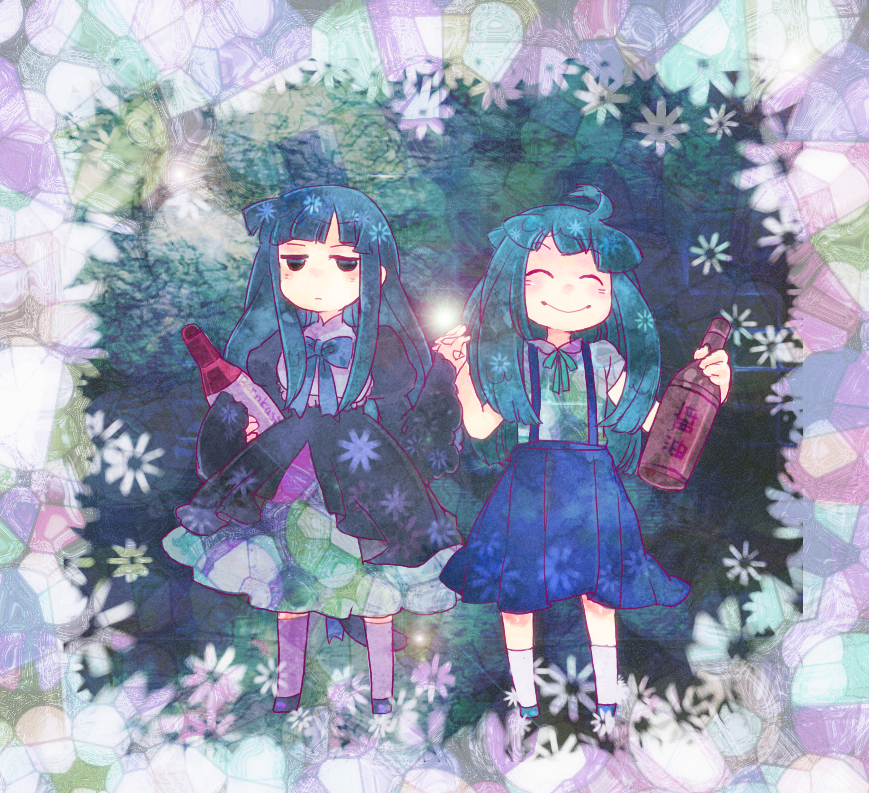 koucha3, frederica bernkastel, furude rika, higurashi no naku koro ni, umineko no naku koro ni, 00s, 2girls, alcohol, blue hair, blush, bottle, cat tail, company connection, creator connection, crossover, dress, in-franchise crossover, multiple girls, school uniform, skirt, smile, socks, tail, wine