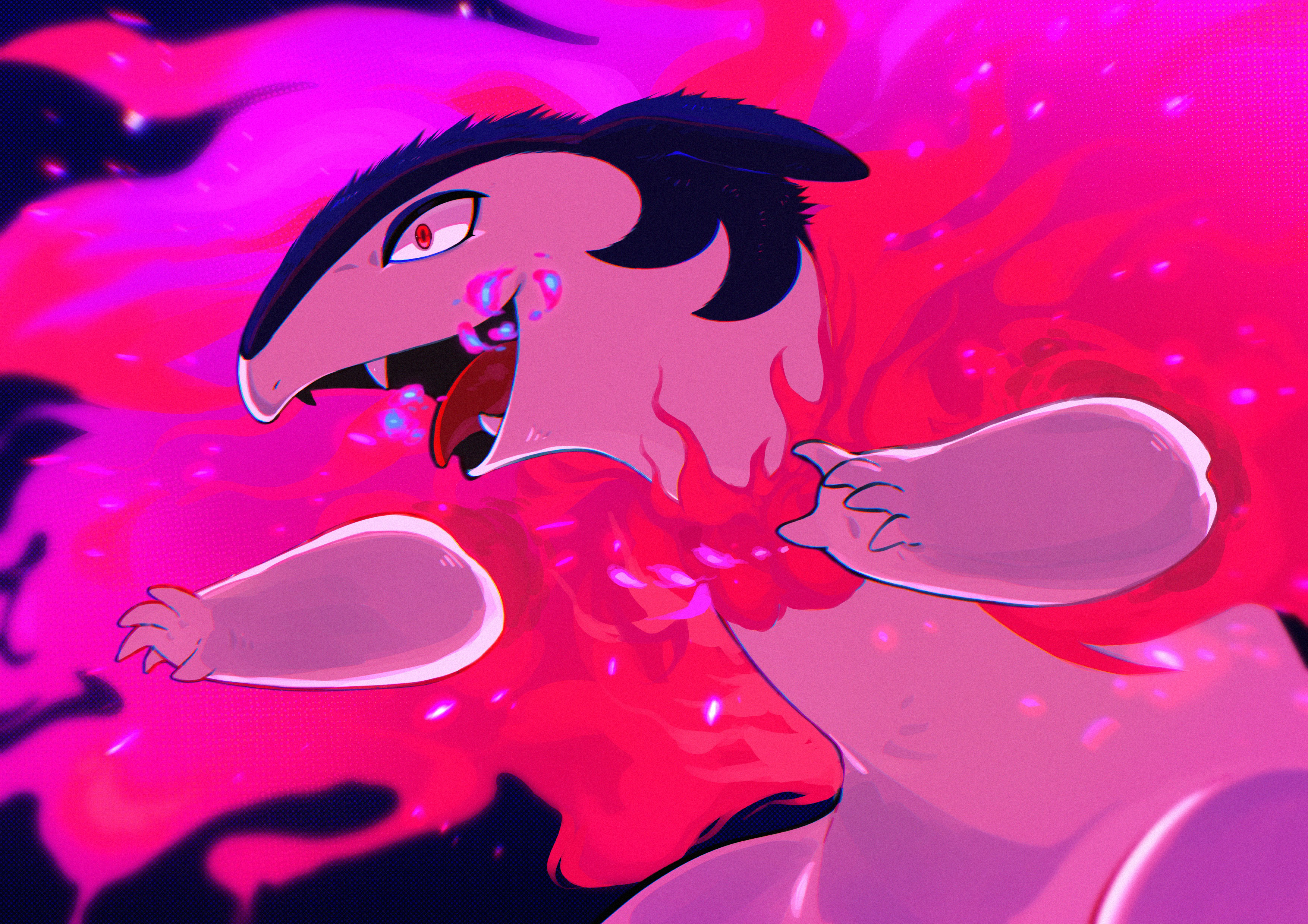 u tei, hisuian typhlosion, nintendo, pokemon, absurdres, commentary request, highres, fangs, fire, looking ahead, no humans, open mouth, pokemon (creature), red eyes, solo, standing, tongue, tongue out