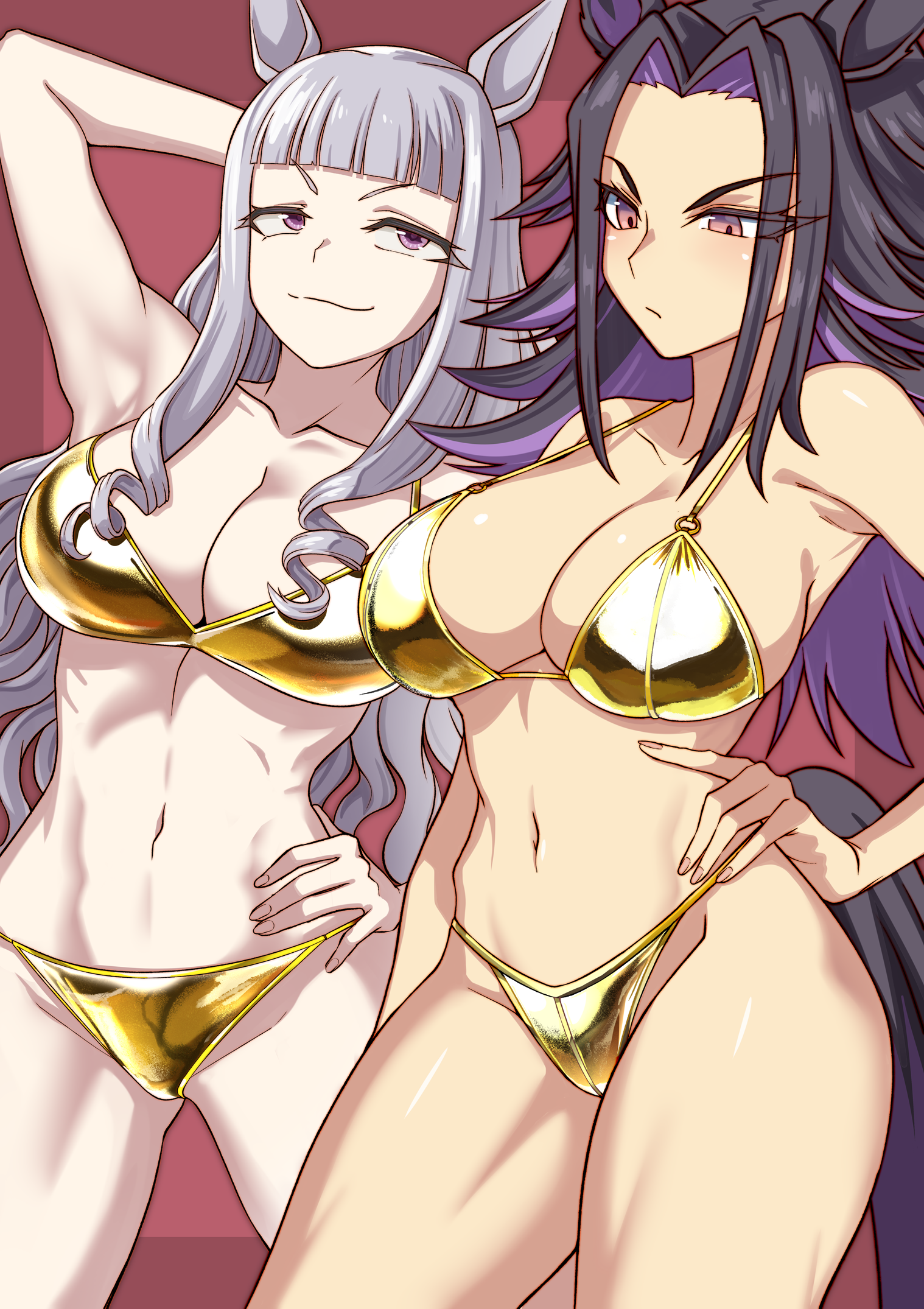 zasshu nigou, fenomeno (umamusume), gold ship (umamusume), umamusume, commentary request, highres, 2girls, bikini, black hair, blunt bangs, breasts, character name, cleavage, crossover, gold bikini, grey hair, hand on own hip, multiple girls, red eyes, spiked hair, string bikini, swimsuit