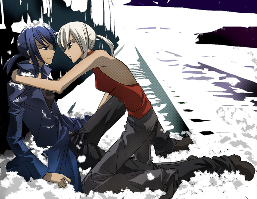 enkitt, enkitt (artist), alphard (canaan), canaan (character), 428, 428: fuusa sareta shibuya de, canaan (series), chunsoft, bad id, bad pixiv id, 2girls, black eyes, blue hair, coat, eye contact, looking at another, multiple girls, pants, ponytail, profile, railroad tracks, shoes, sitting, sleeveless, snow, white hair, yuri