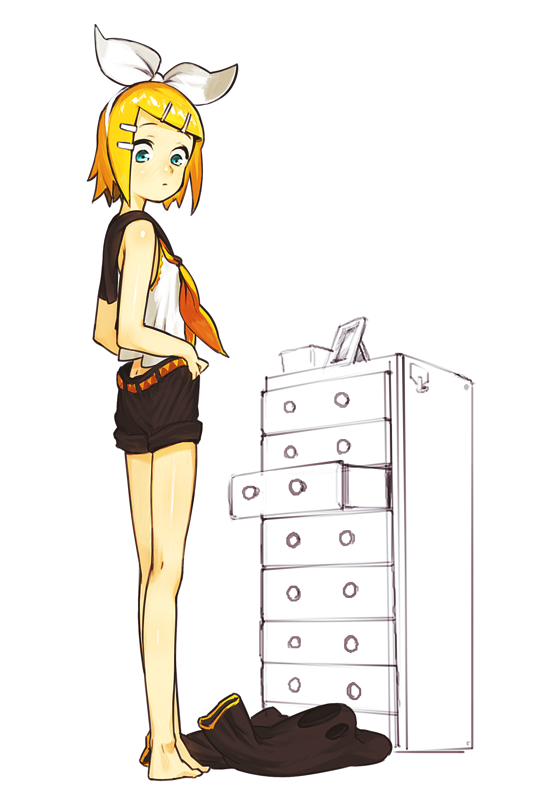 asgr, kagamine rin, vocaloid, absurdres, bad id, bad pixiv id, highres, 1girl, aqua eyes, barefoot, blonde hair, female focus, flat chest, full body, hair ornament, hair ribbon, hairclip, ribbon, short hair, shorts, simple background, solo, standing, undressing, white background