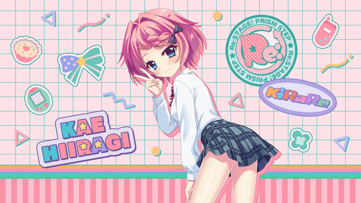 izumi tsubasu, hiiragi kae, re:stage!, tamagotchi, game cg, non-web source, official art, 1girl, alternate hairstyle, ass, black bow, blue eyes, blush, bow, bowtie, braid, breasts, cellphone, character name, closed mouth, copyright name, cowboy shot, cupcake, dot nose, film grain, flip phone, food, green bow, grey skirt, group name, gyaru, hair bow, hair intakes, hand on own thigh, heart, leaning forward, long sleeves, looking at viewer, looking back, medium breasts, miniskirt, phone, pink hair, plaid clothes, print bow, purple bow, red bow, red bowtie, shirt, short hair, single braid, skirt, smile, solo, star (symbol), star print, striped bow, striped bowtie, striped clothes, v, white shirt