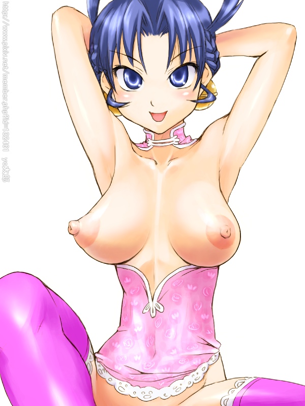 funnyari, ma renka, shijou saikyou no deshi ken'ichi, lace-trimmed legwear, bad id, bad pixiv id, 00s, 10s, 1girl, armpits, arms behind head, blue eyes, blue hair, bottomless, breasts, choker, collarbone, corset, female focus, lace, lace trim, large breasts, looking at viewer, matching hair/eyes, naughty face, nipples, no bra, no panties, perky breasts, short hair, simple background, smile, solo, thighhighs, topless female, tsurime, watermark, web address, white background