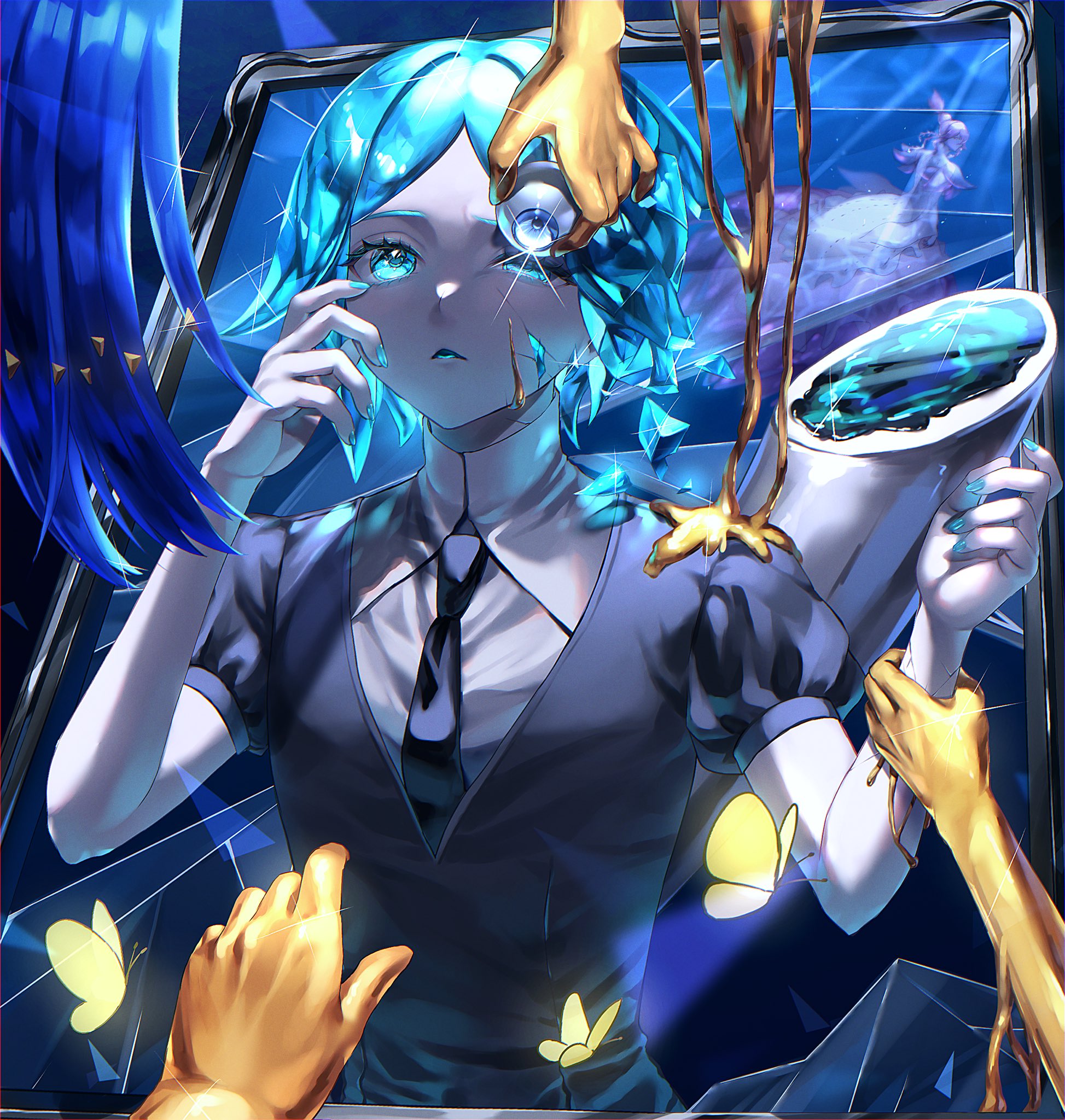 ghg780850545501, lapis lazuli (houseki no kuni), phosphophyllite, phosphophyllite (ll), houseki no kuni, commentary, highres, spoilers, blue hair, body horror, broken glass, bug, butterfly, cracked skin, dripping, gem uniform (houseki no kuni), glass, golden arms, green eyes, green hair, holding another's wrist, insect, looking at viewer, out of frame, picture frame, yellow butterfly