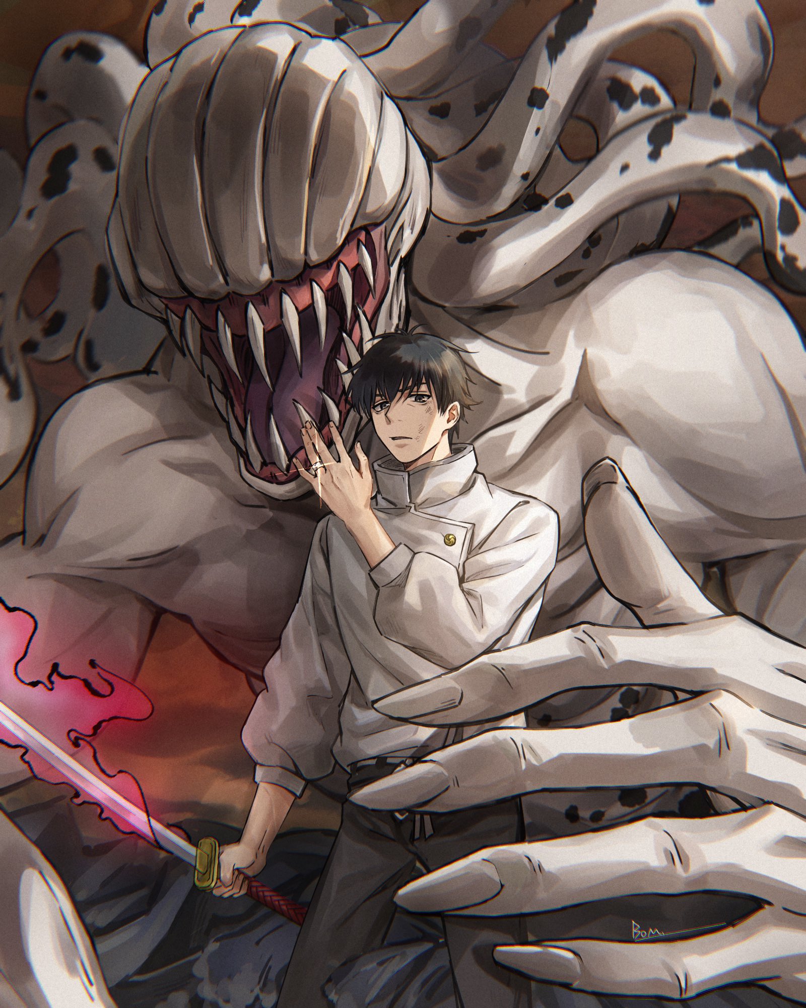bom61487782, okkotsu yuuta, orimoto rika, jujutsu kaisen, commentary request, highres, 1boy, black eyes, black hair, black pants, glint, holding, holding sword, holding weapon, jewelry, long sleeves, looking at viewer, male focus, monster, pants, parted lips, ring, sharp teeth, short hair, solo, sword, teeth, weapon