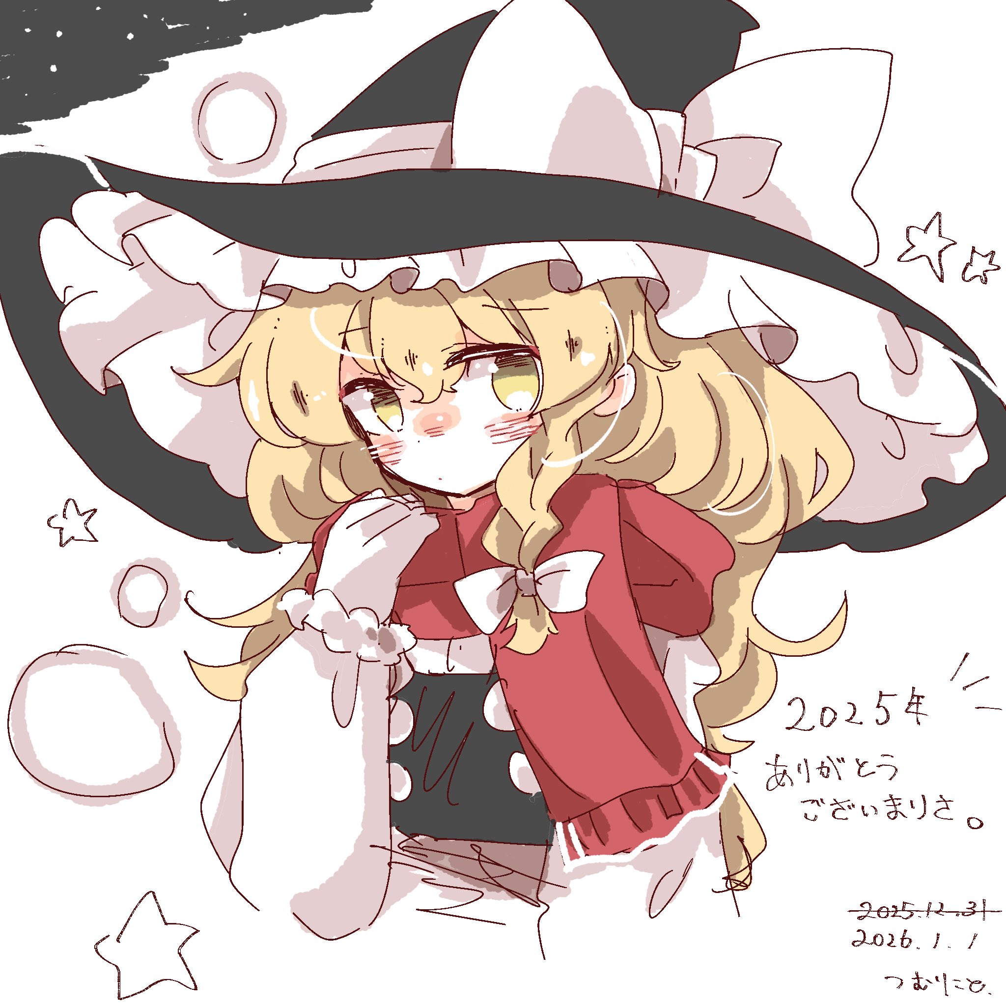 tsumurikoto, kirisame marisa, touhou, commentary request, highres, translation request, 1girl, black hat, blonde hair, blush, bow, braid, braided sidelock, dated, hat, hat bow, long hair, looking at viewer, red scarf, scarf, sketch, solo, upper body, white bow, witch hat, yellow eyes
