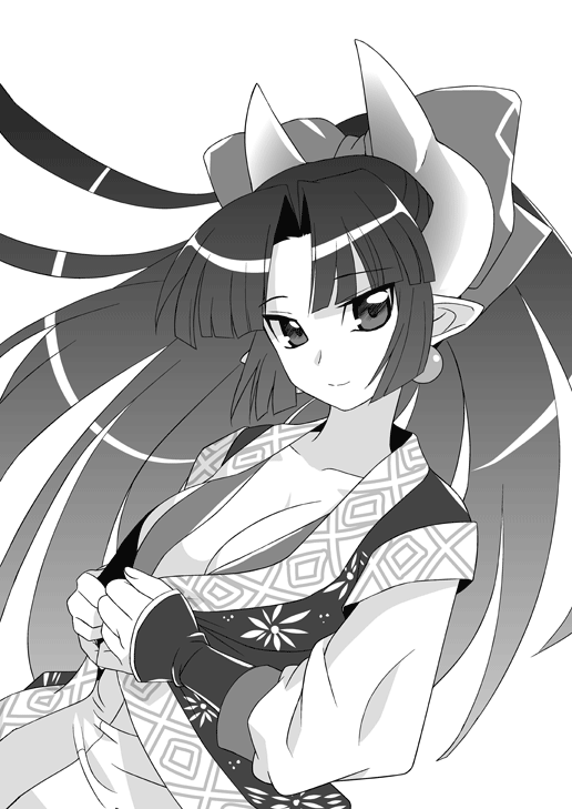 hikabe sakuho, fuyou (shinrabanshou), shinrabanshou, 1girl, breasts, cleavage, earrings, female focus, greyscale, hair ribbon, horns, jewelry, large breasts, long hair, monochrome, pointy ears, ribbon, smile, solo, undressing