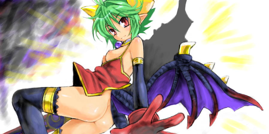 hikabe sakuho, rukia moon, shinrabanshou, 1girl, ass, blush, breasts, elbow gloves, female focus, gloves, green hair, horns, medium breasts, monster girl, naughty face, no bra, no panties, pointy ears, red eyes, smile, solo, thighhighs, wings