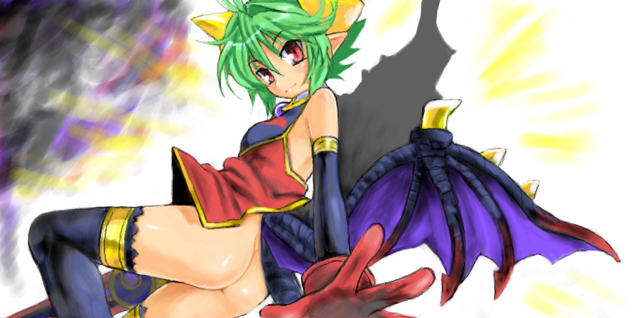 hikabe sakuho, rukia moon, shinrabanshou, ass, blush, elbow gloves, gloves, green hair, horns, monster girl, naughty face, no panties, pointy ears, red eyes, smile, solo, thighhighs, wings