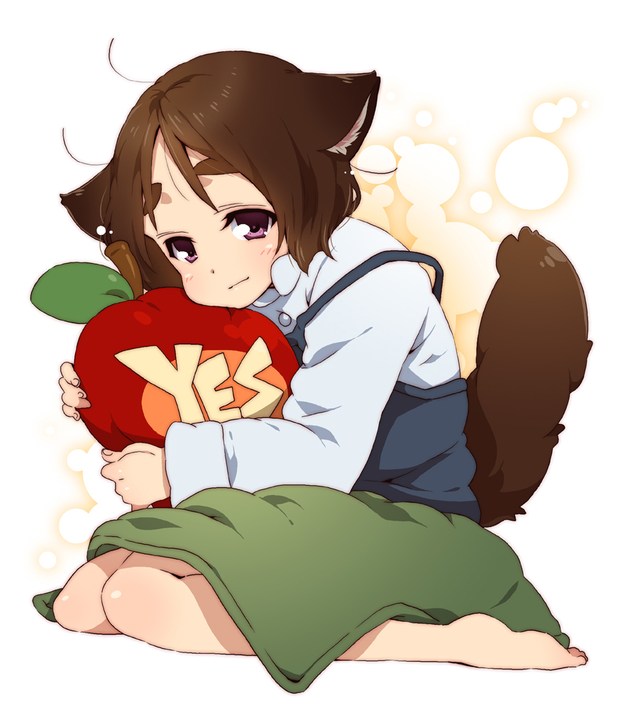 takanashi ringo, k-on!, original, 00s, 1girl, animal ears, apple, barefoot, brown hair, dog ears, dog tail, female focus, food, fruit, holding, holding food, holding fruit, kneeling, pillow, purple eyes, short hair, sitting, skirt, solo, strap slip, tail, yes, yes-no pillow