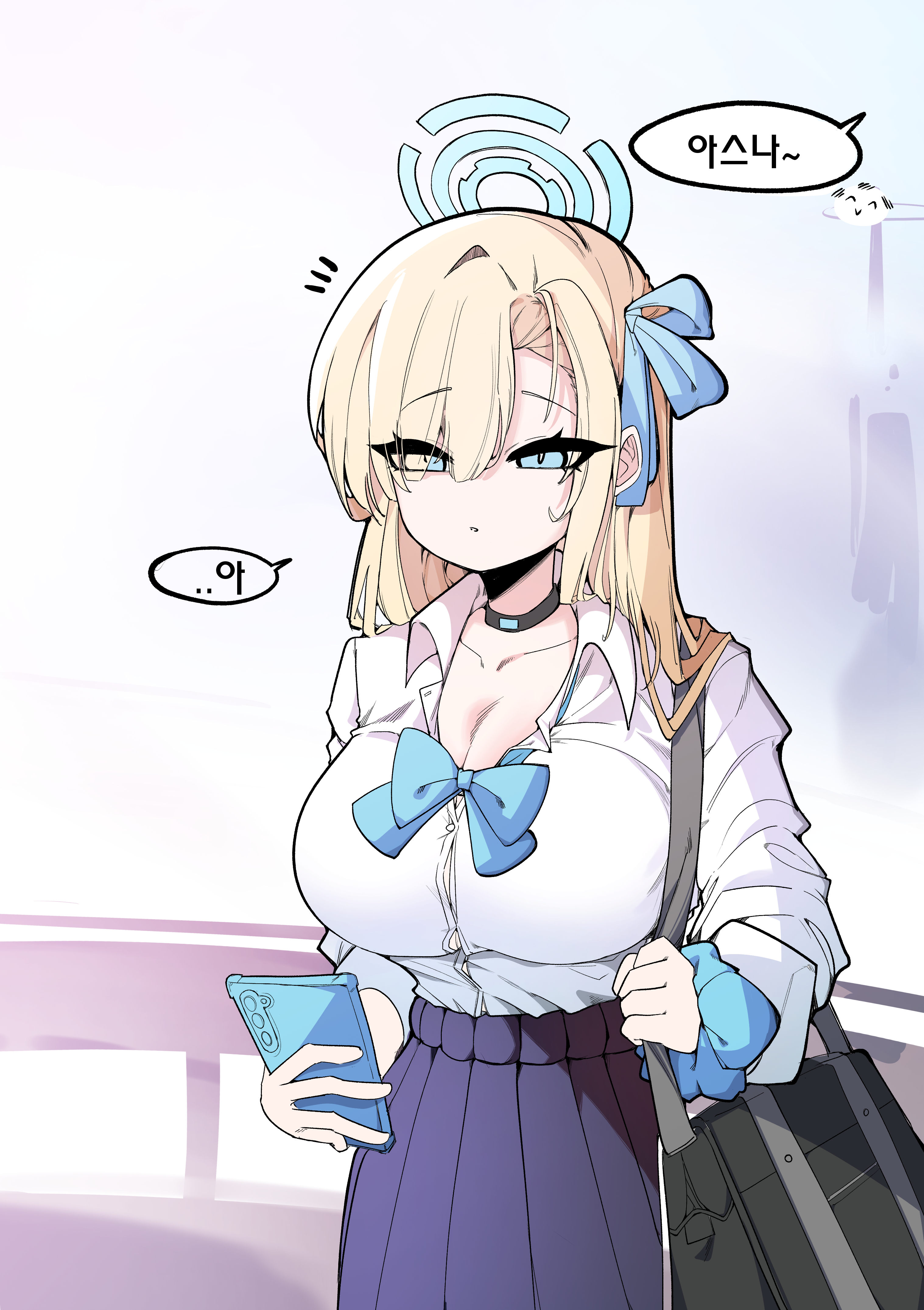 chunjang, asuna (blue archive), asuna (school uniform) (blue archive), doodle sensei (blue archive), sensei (blue archive), blue archive, absurdres, commentary request, highres, korean commentary, translation request, 1girl, asymmetrical bangs, bag, black choker, blonde hair, blue bow, blue bowtie, blue ribbon, blue skirt, bow, bowtie, breasts, cellphone, choker, cleavage, collarbone, gyaru, halo, holding, holding phone, kogal, korean text, large breasts, long hair, looking at viewer, loose bowtie, notice lines, open collar, out of frame, outdoors, phone, pleated skirt, ribbon, school bag, school uniform, scrunchie, shirt, shirt tucked in, skirt, skirt rolled up, smartphone, solo, speech bubble, straight hair, white shirt, wrist scrunchie