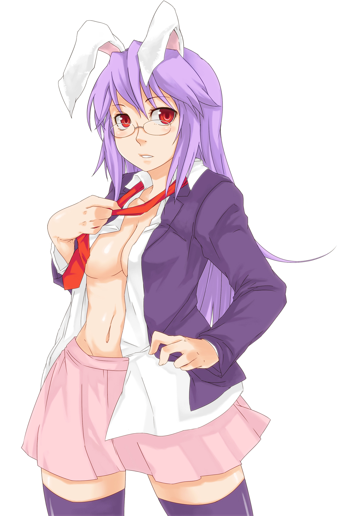 itsuki (nanairo megane), nanairomegane, reisen udongein inaba, touhou, bad id, bad pixiv id, highres, 1girl, animal ears, bespectacled, blazer, female focus, glasses, jacket, long hair, necktie, open clothes, open shirt, purple hair, rabbit ears, red eyes, red necktie, shirt, skirt, solo, thighhighs, undressing, zettai ryouiki