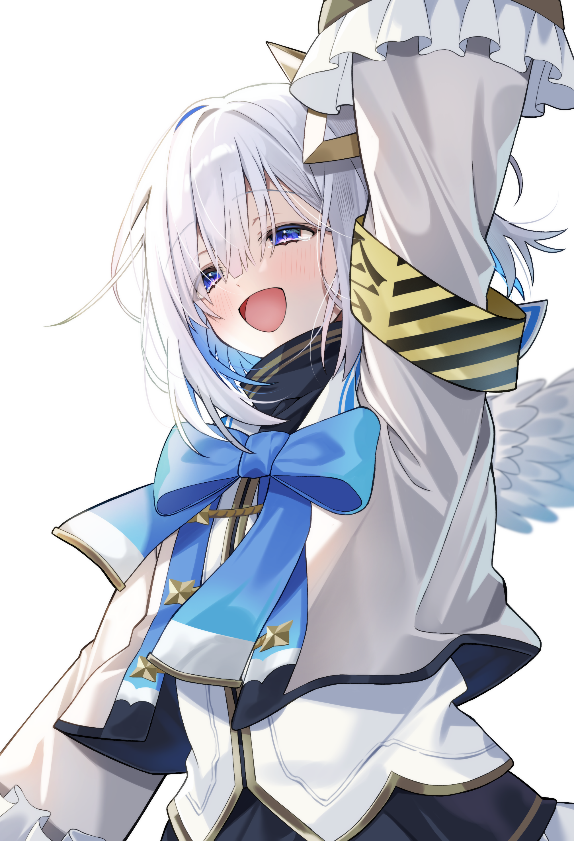 maki oimo, amane kanata, amane kanata (1st costume), hololive, absurdres, commentary request, highres, 1girl, angel, angel wings, armband, asymmetrical bangs, asymmetrical hair, bell sleeves, blue bow, blue bowtie, blue eyes, blue hair, blush, bob cut, bow, bowtie, colored inner hair, feathered wings, frilled sleeves, frills, gradient eyes, grey hair, hair between eyes, hair over one eye, halo, jacket, long sleeves, medium hair, miniskirt, multicolored eyes, multicolored hair, open mouth, parted bangs, pink hair, purple eyes, short hair, simple background, single hair intake, skirt, sleeves past wrists, smile, solo, virtual youtuber, white background, wings