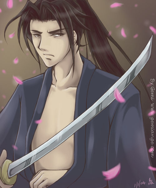hijikata toshizo (peace maker kurogane), peace maker kurogane, brown eyes, brown hair, cherry blossoms, japanese clothes, katana, kimono, long hair, male focus, ponytail, samurai, sword, weapon