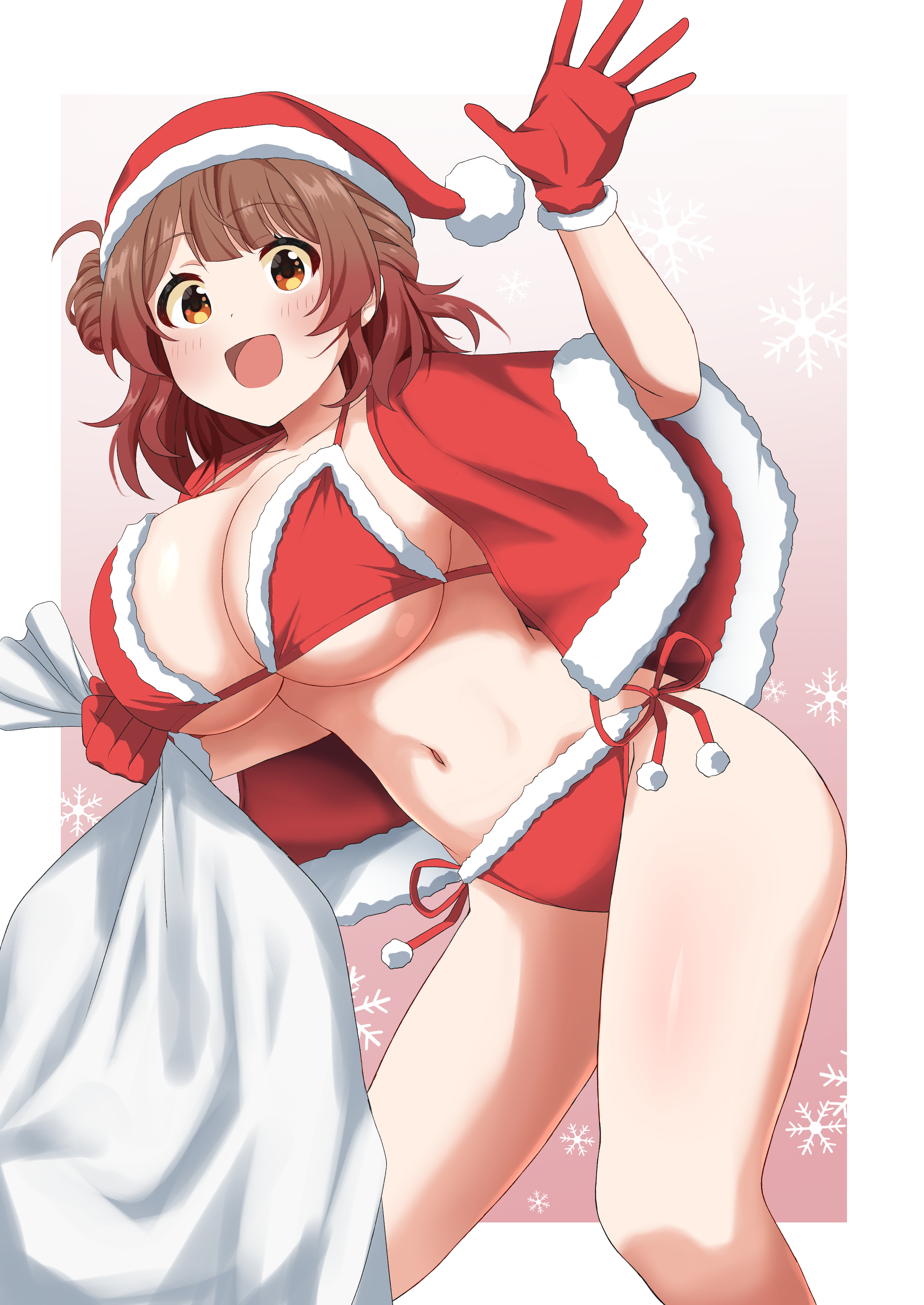 haruki (haruki678), hanami ume, gakuen idolmaster, idolmaster, absurdres, commentary request, highres, 1girl, ahoge, bikini, breasts, brown eyes, brown hair, capelet, feet out of frame, fur-trimmed bikini, fur-trimmed capelet, fur-trimmed headwear, fur trim, gloves, gradient hair, hair bun, hat, large breasts, looking at viewer, multicolored hair, open mouth, red bikini, red capelet, red gloves, red hat, sack, santa hat, side-tie bikini bottom, single side bun, smile, solo, swimsuit