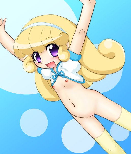 miyanii (myanie), sayla, gundam, sd gundam, blonde hair, cleft of venus, hairband, loli, no panties, purple eyes, pussy, thighhighs, uncensored