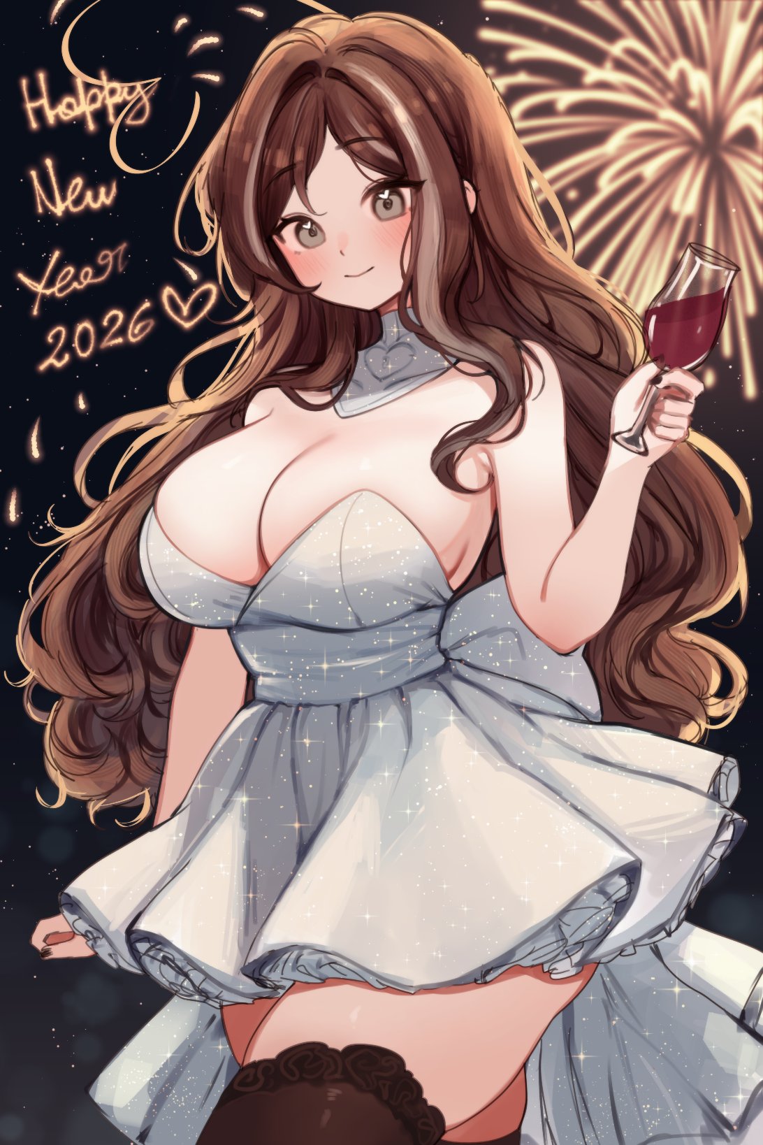 sky above me, sky above me (vtuber), indie virtual youtuber, commentary, english commentary, highres, 1girl, 2026, aerial fireworks, bare shoulders, black thighhighs, blush, breasts, brown hair, cleavage, closed mouth, cup, dress, drinking glass, fireworks, grey dress, grey eyes, hand up, happy new year, heart, heart in eye, holding, holding cup, large breasts, long hair, looking at viewer, new year, smile, solo, strapless, strapless dress, symbol in eye, thighhighs, very long hair, virtual youtuber, wine glass
