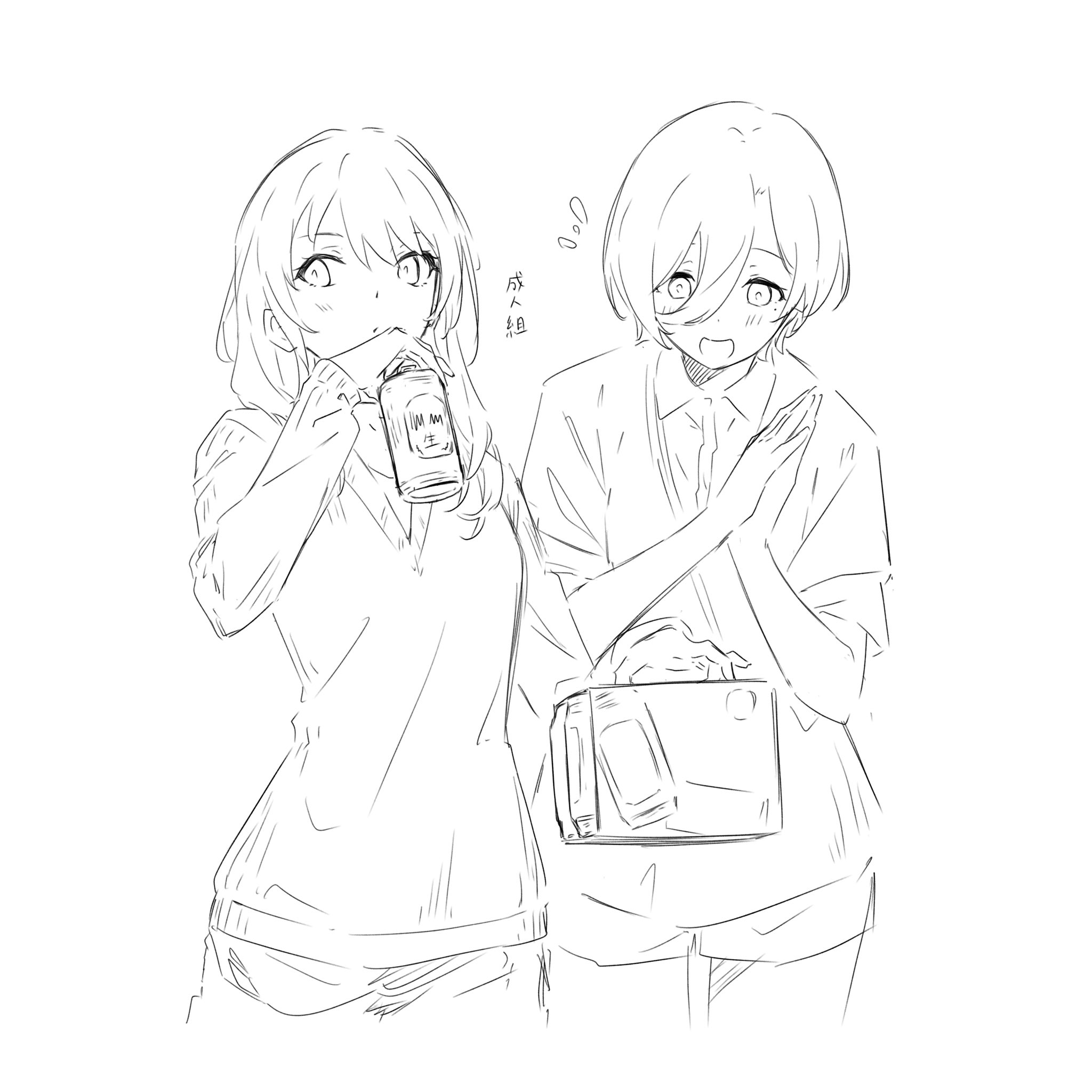 kanade (kanade 3344), kawaragi momoka, rupa (girls band cry), girls band cry, highres, 2girls, beer can, blush, can, drink can, greyscale, hair between eyes, holding, holding can, long hair, long hair between eyes, long sleeves, mole, mole under eye, monochrome, multiple girls, open mouth, simple background, sweater, white background