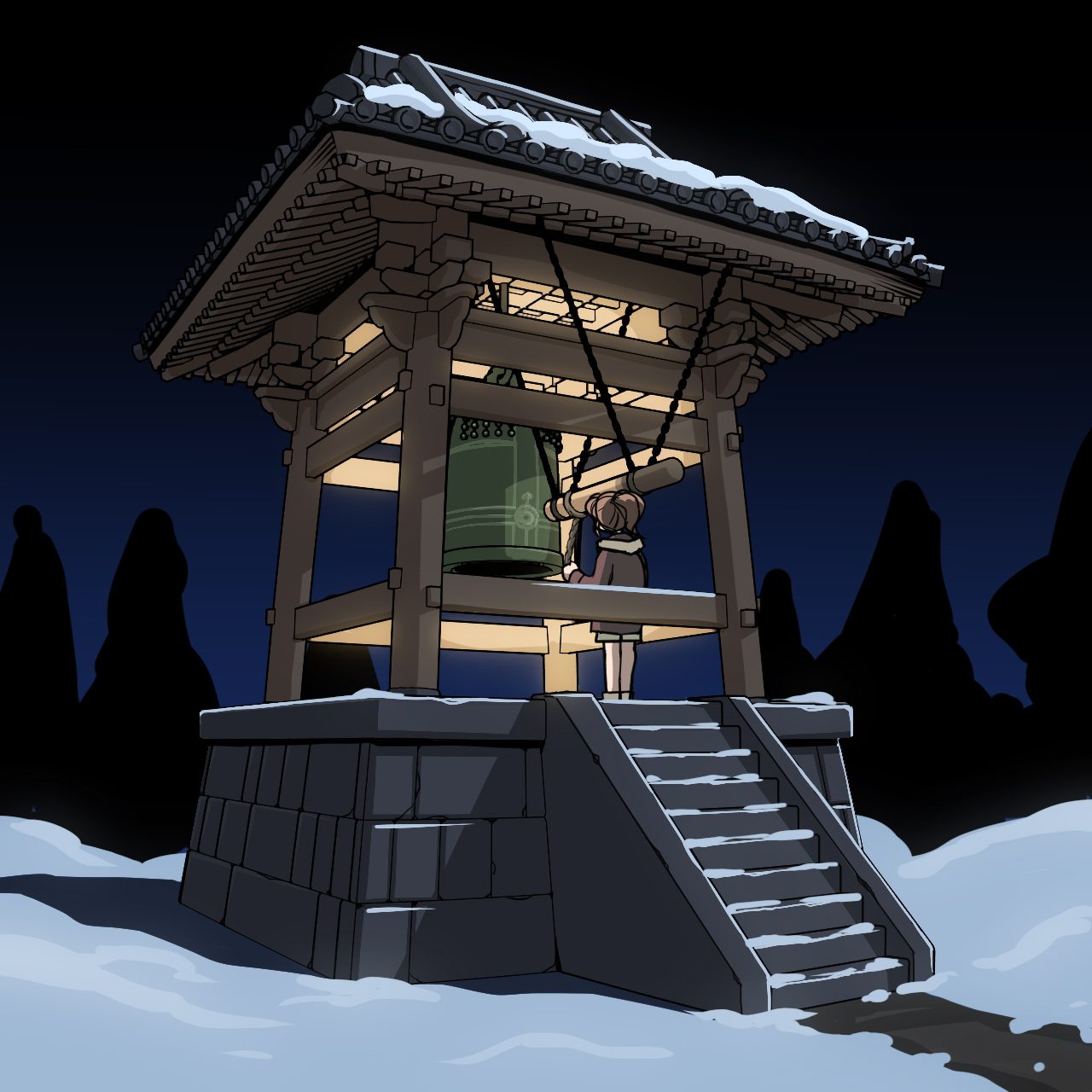masuki, original, highres, 1girl, architecture, bell, brown hair, coat, east asian architecture, new year, night, outdoors, ponytail, shinto, shrine bell, snow, solo, standing, winter