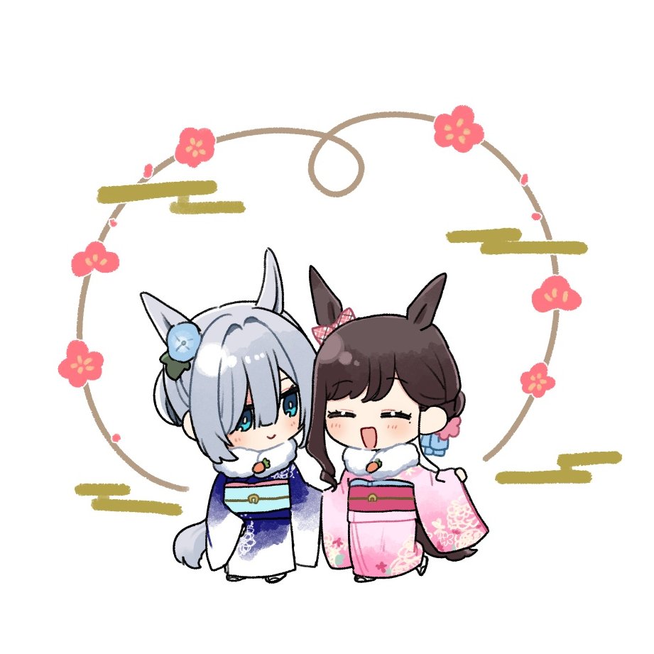 yuama, asaka kaori, hoshikawa shizuku, kimi to tsuzuru utakata, commentary request, 2girls, animal ears, blue eyes, blue kimono, blush, brown hair, chibi, closed mouth, egasumi, flower, grey hair, hair flower, hair ornament, horse ears, horse girl, horse tail, japanese clothes, kemonomimi mode, kimono, long sleeves, mole, mole under eye, multiple girls, open mouth, pink kimono, simple background, single sidelock, tail, white background