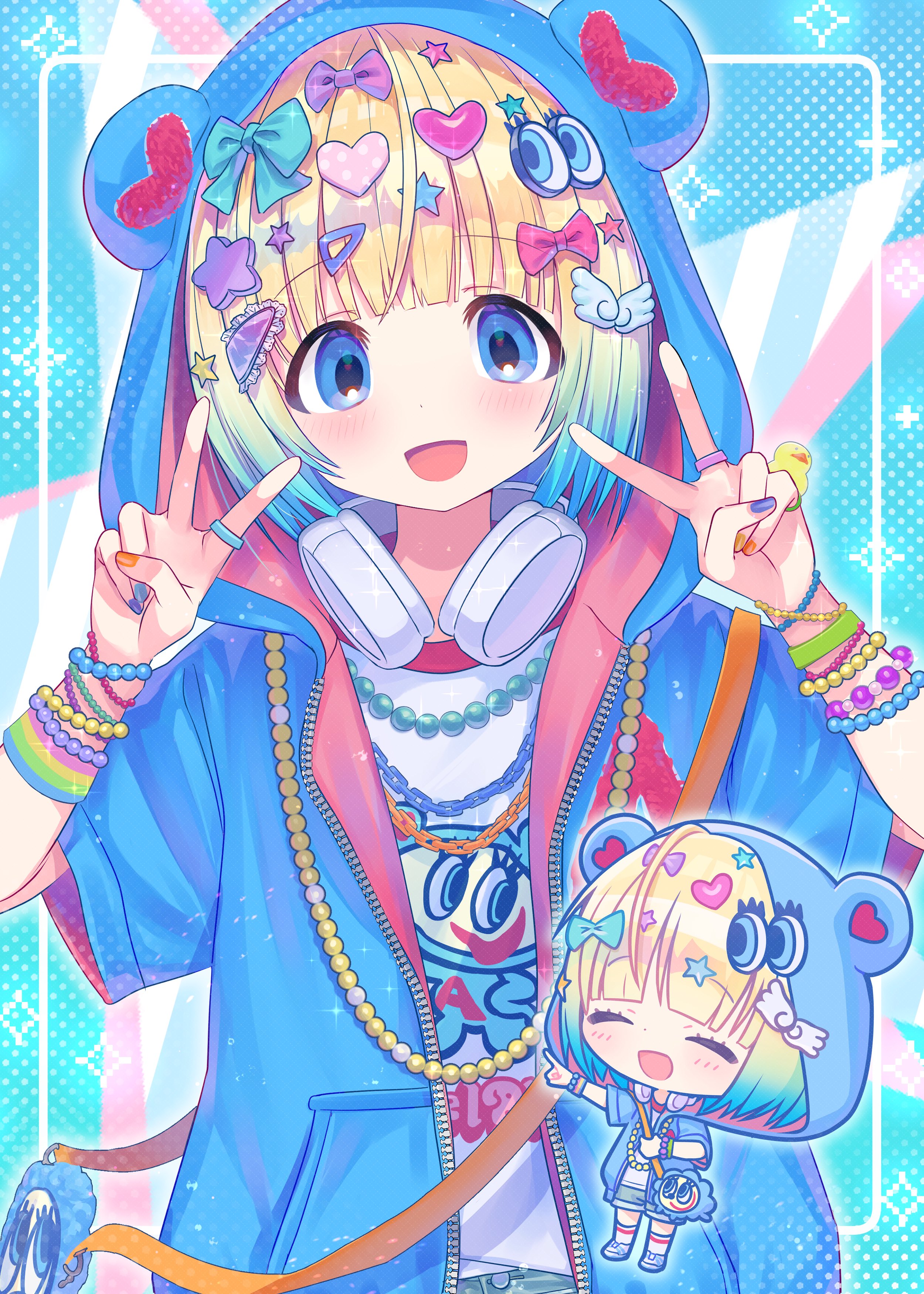okubatomaeba, absurdres, character request, commentary request, highres, 1girl, :d, angel blue, animal ears, animal hood, bead necklace, beads, blonde hair, blue background, blue eyes, blue jacket, bow, chain, chain necklace, chibi, chibi inset, double v, fake animal ears, fingernails, gradient hair, hair bow, hair ornament, hands up, headphones, headphones around neck, heart, heart hair ornament, hood, hood up, hooded jacket, jacket, jewelry, looking at viewer, multicolored hair, multicolored nails, multiple views, nail polish, necklace, open clothes, open jacket, open mouth, ring, short hair, short sleeves, smile, star (symbol), star hair ornament, upper body, v, wispy bangs