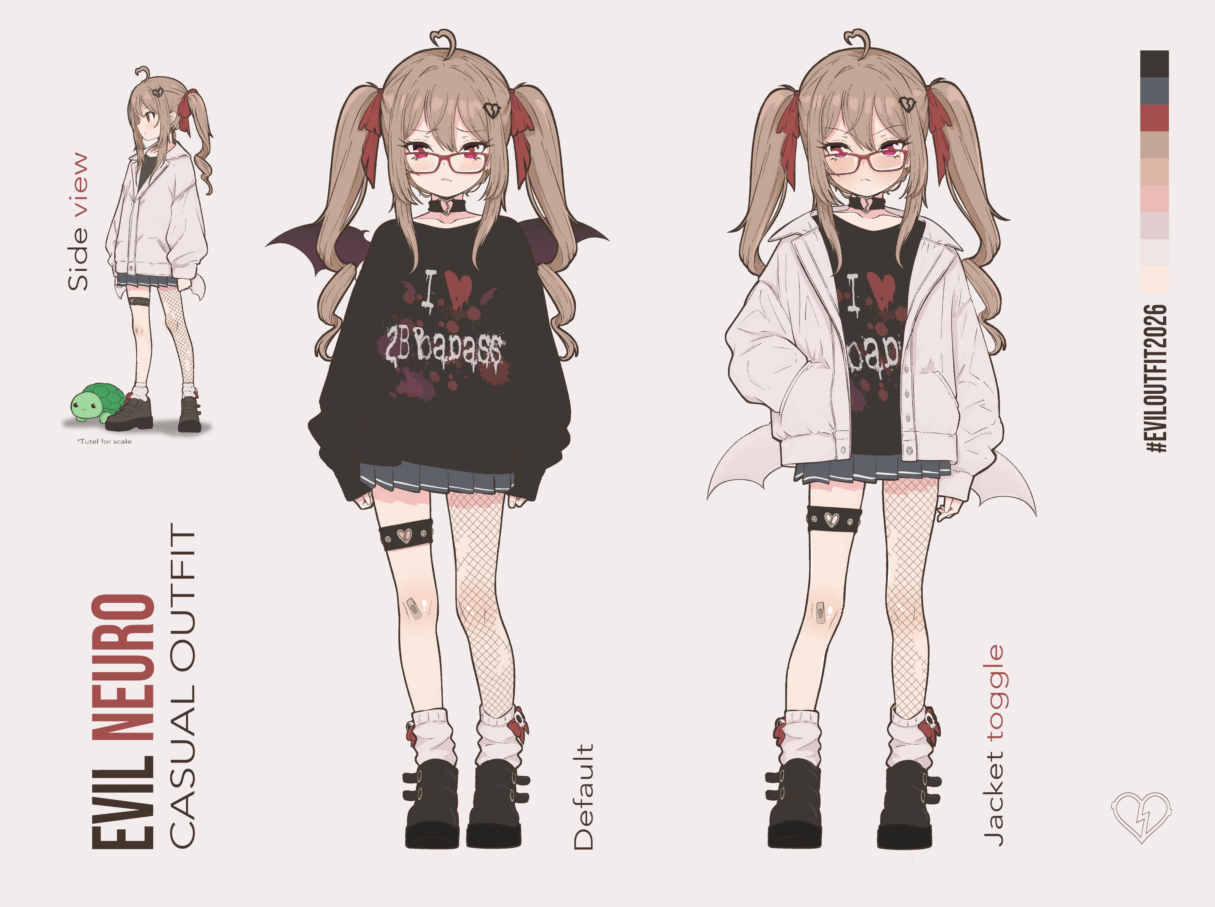 pettan (zeez4743), vedal987, vedal ai, absurdres, commentary, english commentary, highres, 1girl, ahoge, alternate costume, alternate hairstyle, ankle boots, ankle socks, asymmetrical legwear, bandaid, bandaid on knee, bandaid on leg, bat wings, black choker, black shoes, black skirt, black sweater, black thighlet, black wings, boots, bow, bow legwear, broken heart, broken heart hair ornament, brown hair, character name, choker, closed mouth, clothes on and off, clothes writing, collarbone, collared jacket, color guide, contrapposto, double-parted bangs, fang, fishnet pantyhose, fishnets, furrowed brow, glasses, grey background, hair between eyes, hand in pocket, heart, heart ahoge, jacket, long hair, long sleeves, looking at viewer, loose socks, low wings, mini wings, miniskirt, multiple views, open clothes, open jacket, pantyhose, pleated skirt, raised eyebrows, rectangular eyewear, red-framed eyewear, red bow, reference sheet, ringlets, shoe belt, shoes, simple background, skin fang, skirt, sleeves past wrists, socks, standing, sweater, tachi-e, torn clothes, torn pantyhose, turtle, twintails, very long hair, white jacket, white socks, white wings, wings