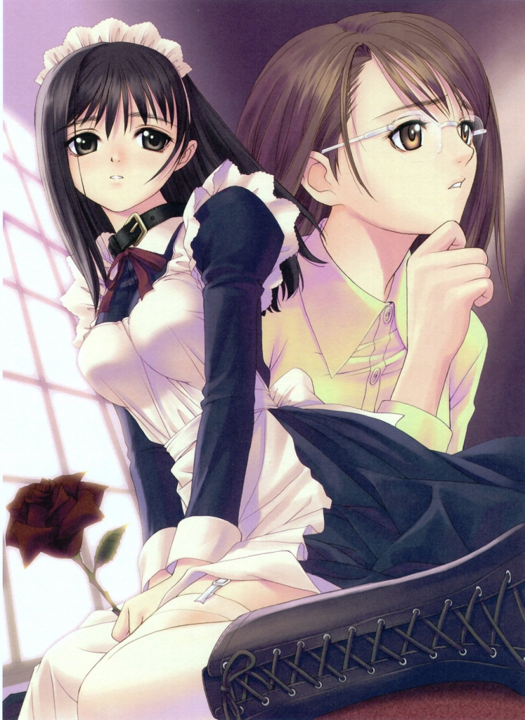tanaka takayuki, nakayama mei, watase nozomi, genmukan, 2girls, black hair, collar, flower, glasses, maid, multiple girls, rose, thighhighs