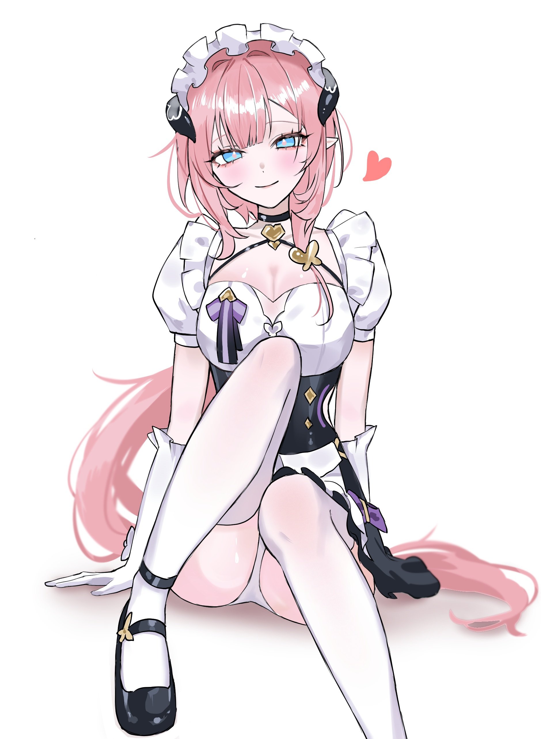 elysia (honkai impact), elysia (miss pink) (honkai impact), elysia (miss pink elf) (honkai impact), honkai (series), honkai impact 3rd, absurdres, commentary, highres, 1girl, black dress, black shoes, blue eyes, breasts, butterfly hair ornament, cleavage, dress, elf, gloves, hair ornament, heart, large breasts, long hair, looking at viewer, official alternate costume, panties, pink hair, pointy ears, shoes, simple background, sitting, smile, solo, ssamsa0404, thighhighs, underwear, very long hair, white background, white gloves, white panties, white thighhighs