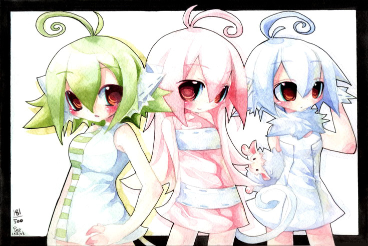 emperpep, silver hair, painting (medium), traditional media, watercolor (medium), 3girls, :3, ahoge, animal ears, blush, brown eyes, cat ears, cat tail, green hair, long hair, multiple girls, pink hair, sheep, tail