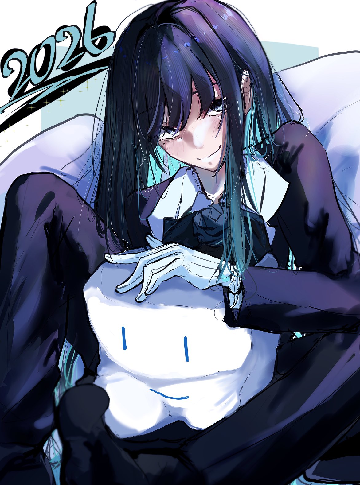 tanake (tanakei ado), chando (ado), ado (utaite), commentary request, highres, 1girl, 2026, black coat, black pants, blue hair, blush, closed mouth, coat, colored inner hair, cowboy shot, gloves, ha-chan (ado), long hair, looking at viewer, mole, mole under eye, multicolored hair, open mouth, pants, sidelocks, solo, utaite, white gloves