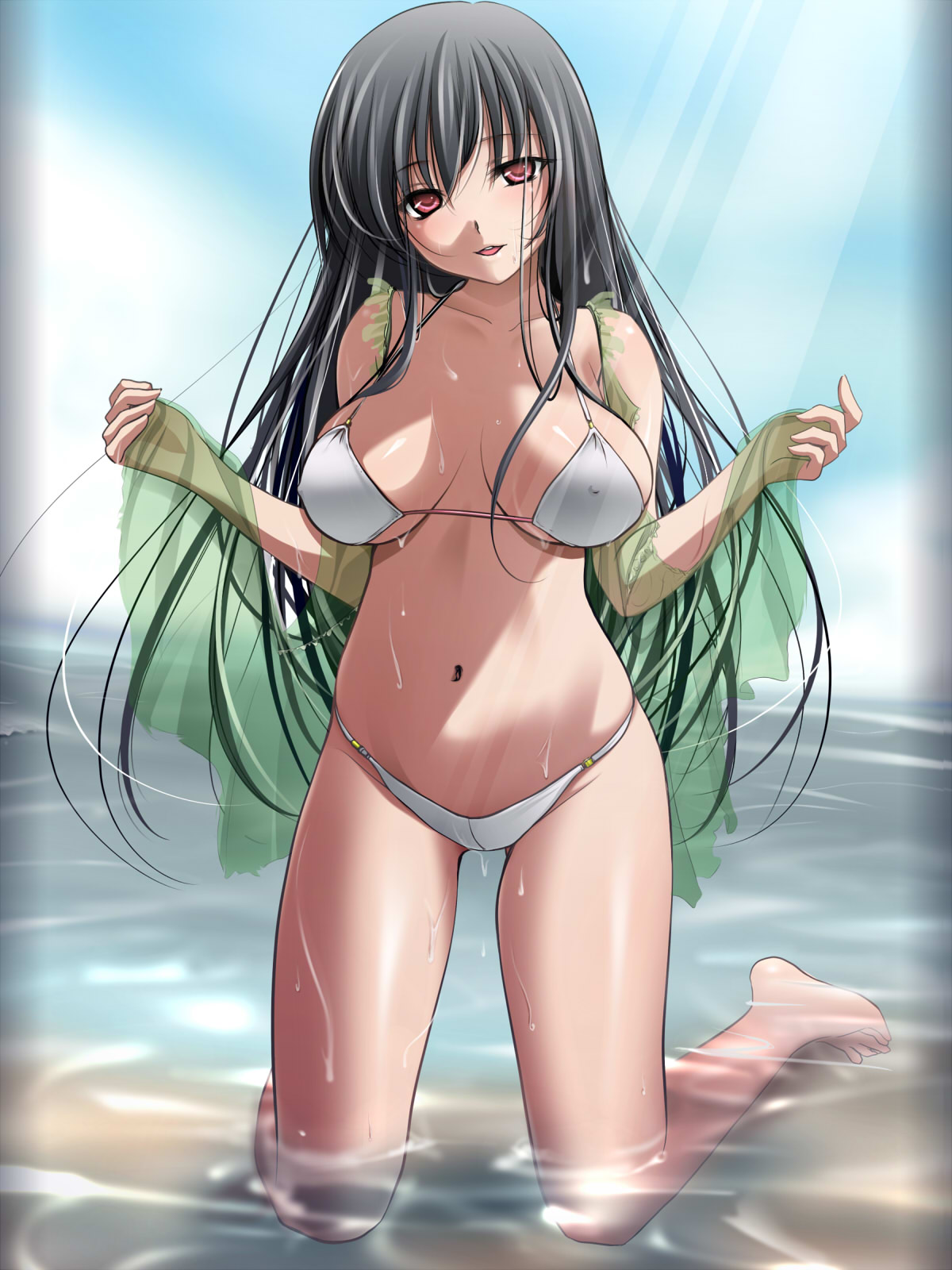 rekurieeru, original, bad id, bad pixiv id, highres, 1girl, bad anatomy, bad feet, barefoot, bikini, black hair, breasts, covered erect nipples, female focus, kneeling, large breasts, light rays, long hair, naughty face, navel, pink eyes, poorly drawn, see-through clothes, shawl, solo, string bikini, sunbeam, sunlight, swimsuit, wading, water, wet