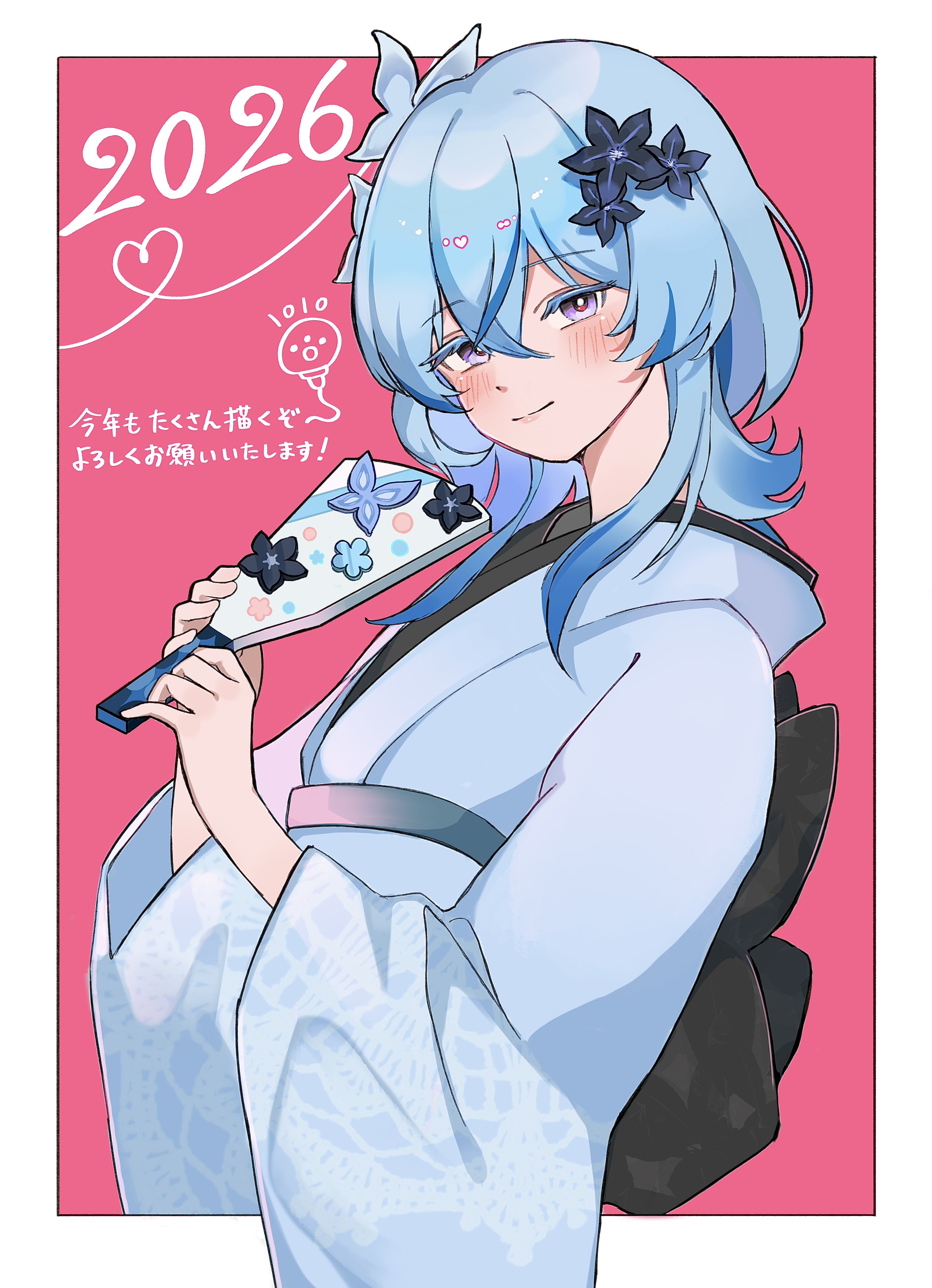 1010 (wuthering1010), shorekeeper (wuthering waves), wuthering waves, absurdres, commentary request, highres, translation request, 1girl, 2026, black flower, blake bloom (wuthering waves), blue hair, blue kimono, blush, border, closed mouth, colored eyelashes, flower, hair between eyes, hair flower, hair ornament, holding, japanese clothes, kimono, long hair, looking at viewer, outside border, pink background, purple eyes, smile, solo, white border
