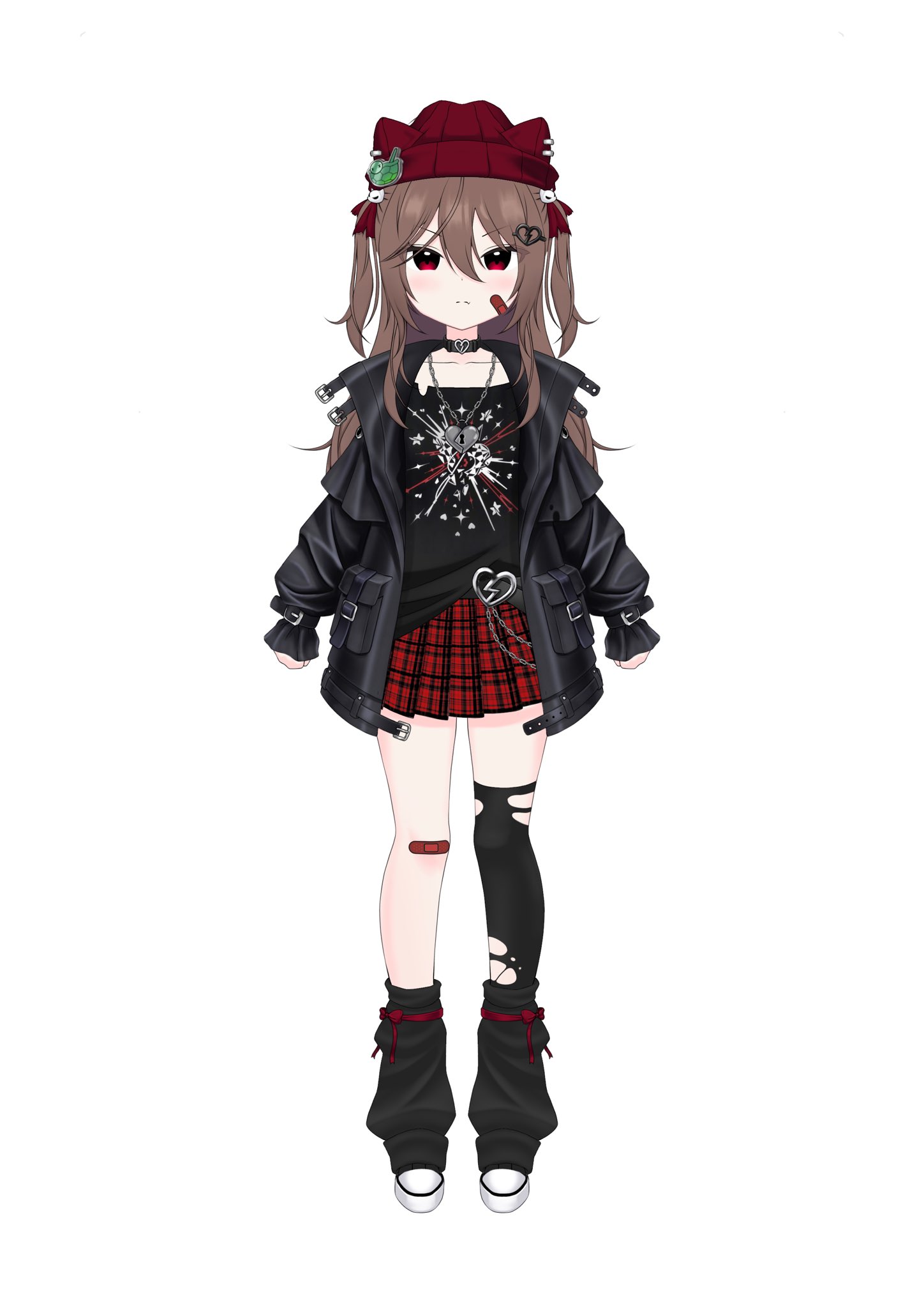 evil neuro-sama, neuro-sama, vedal ai, commentary, english commentary, highres, 1girl, alternate costume, animal ear headwear, bandaid, bandaid on cheek, bandaid on face, beanie, black choker, black jacket, black shirt, black socks, blush, bow legwear, broken heart, broken heart hair ornament, brown hair, chain, chain necklace, choker, collarbone, fake animal ears, fang, hair between eyes, hair ornament, hair ribbon, hat, heart, jacket, jewelry, leather, leather jacket, locket, long hair, long sleeves, looking at viewer, loose socks, lowkeyarki, miniskirt, necklace, open clothes, open jacket, pendant, plaid clothes, plaid skirt, pleated skirt, pocket, puffy long sleeves, puffy sleeves, red eyes, red hat, red ribbon, red skirt, reference sheet, ribbon, shirt, simple background, single thighhigh, skin fang, skirt, skull hair ornament, sleeve belt, sleeves past wrists, socks, solo, split mouth, tachi-e, thighhighs, torn clothes, torn shirt, torn thighhighs, two side up, v-shaped eyebrows, virtual youtuber, white background