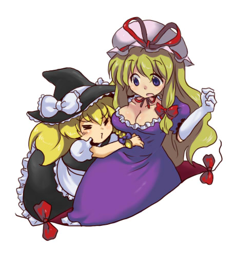 toto (hitori othello), kirisame marisa, yakumo yukari, touhou, 2girls, = =, blonde hair, breasts, cleavage, elbow gloves, female focus, gap (touhou), gloves, hat, large breasts, long hair, multiple girls, ribbon, surprised, tackle, white gloves, yuri
